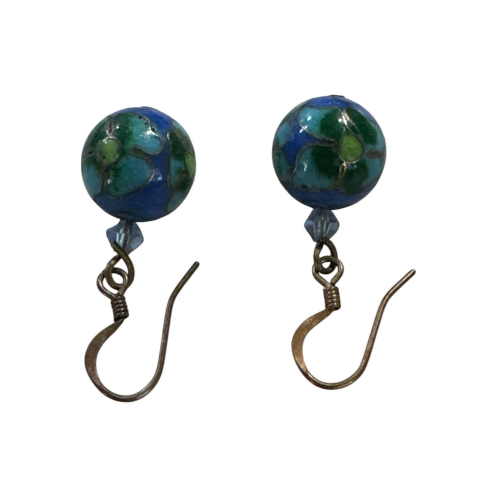 Vintage Cloisonné Bead Dangle Earrings With Blue & Green Floral Design