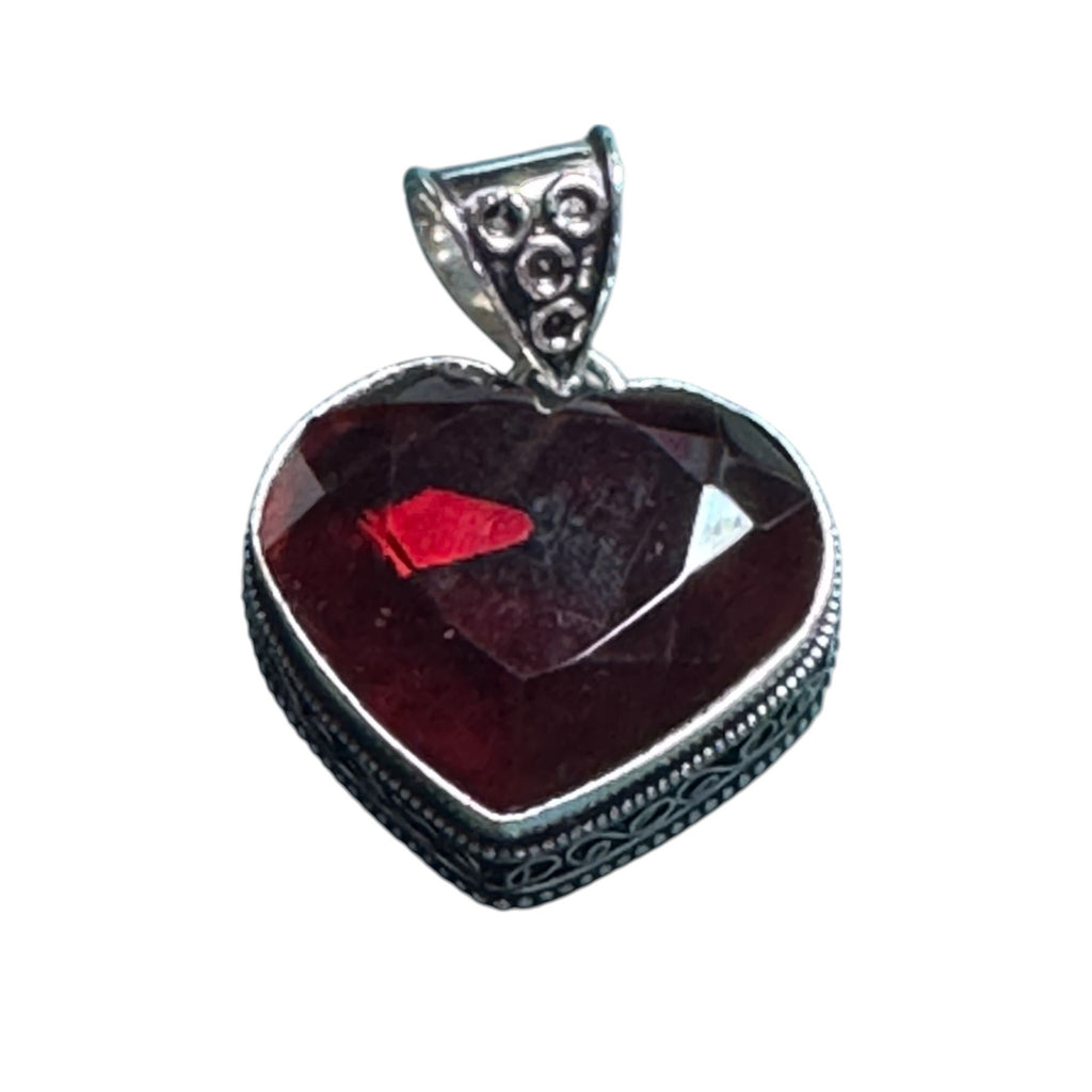 Sterling Silver 925 Heart Pendant Deep Red Faceted Gemstone Vintage Style Filigree Bail