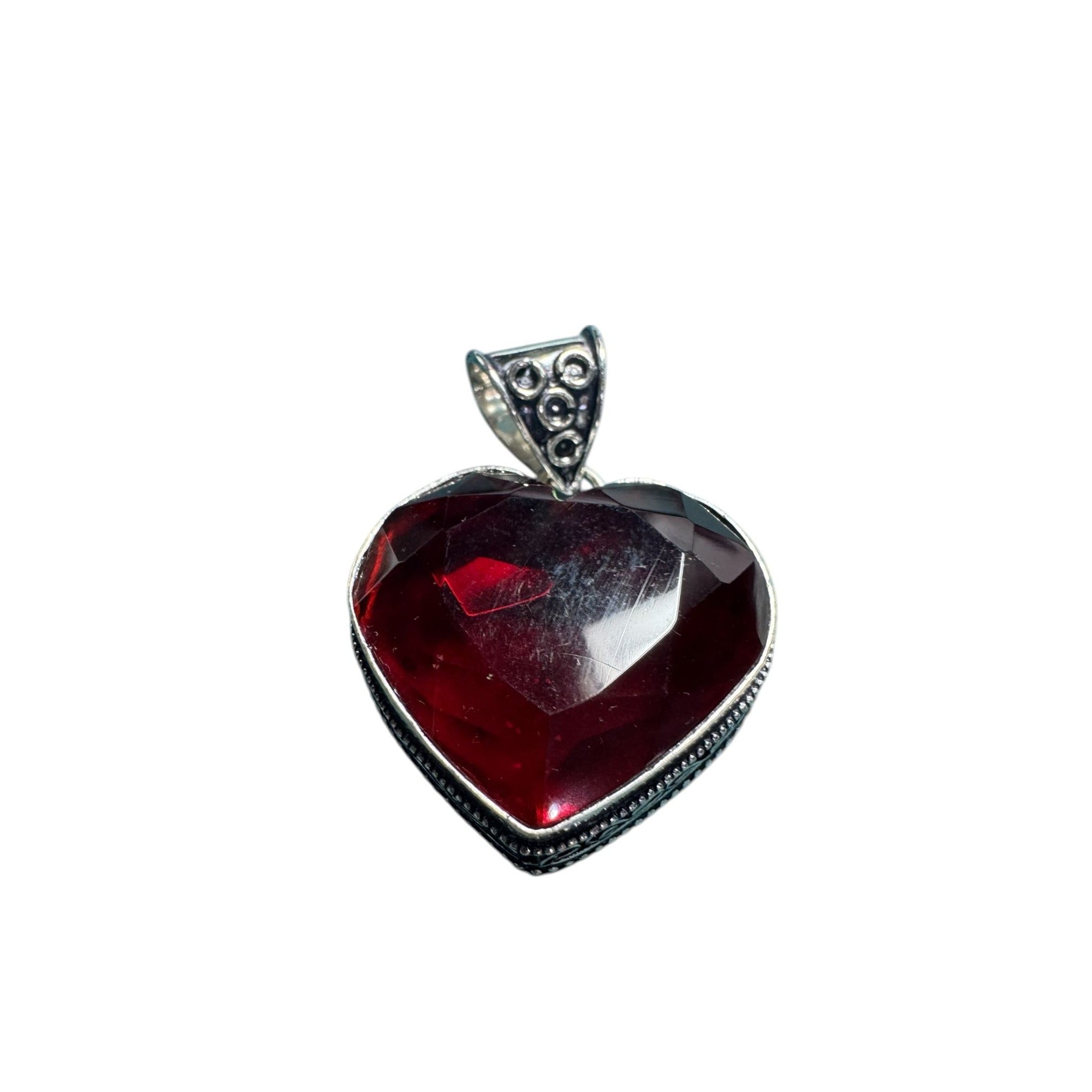 Sterling Silver 925 Heart Pendant Deep Red Faceted Gemstone Vintage Style Filigree Bail