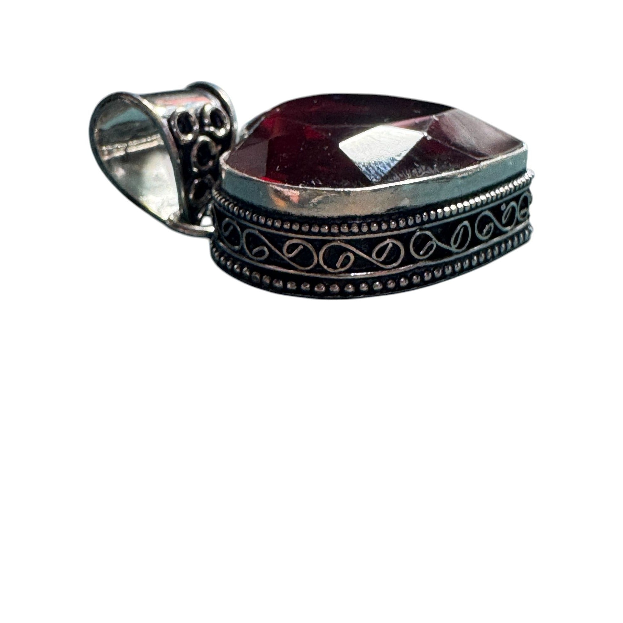 Sterling Silver 925 Heart Pendant Deep Red Faceted Gemstone Vintage Style Filigree Bail