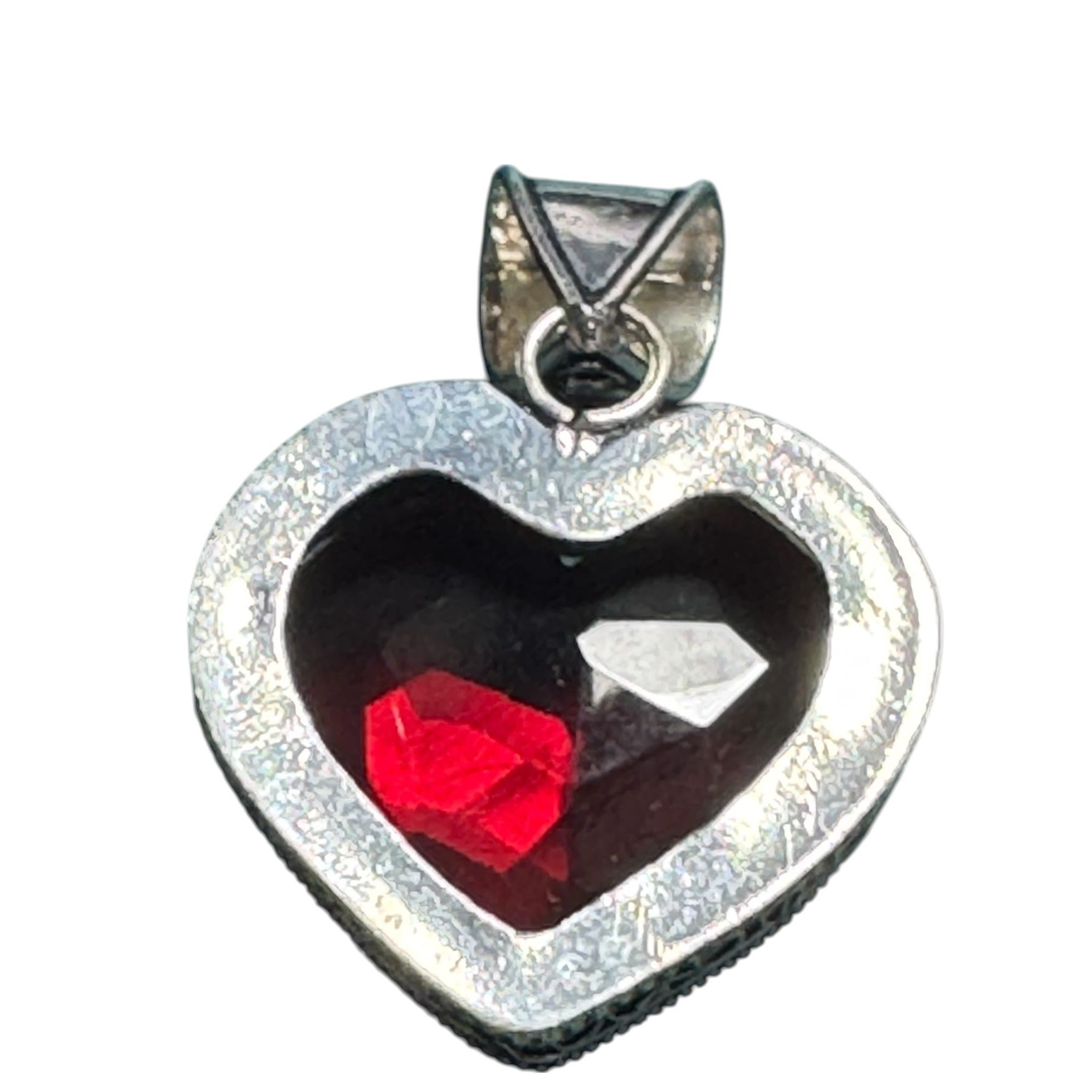 Sterling Silver 925 Heart Pendant Deep Red Faceted Gemstone Vintage Style Filigree Bail