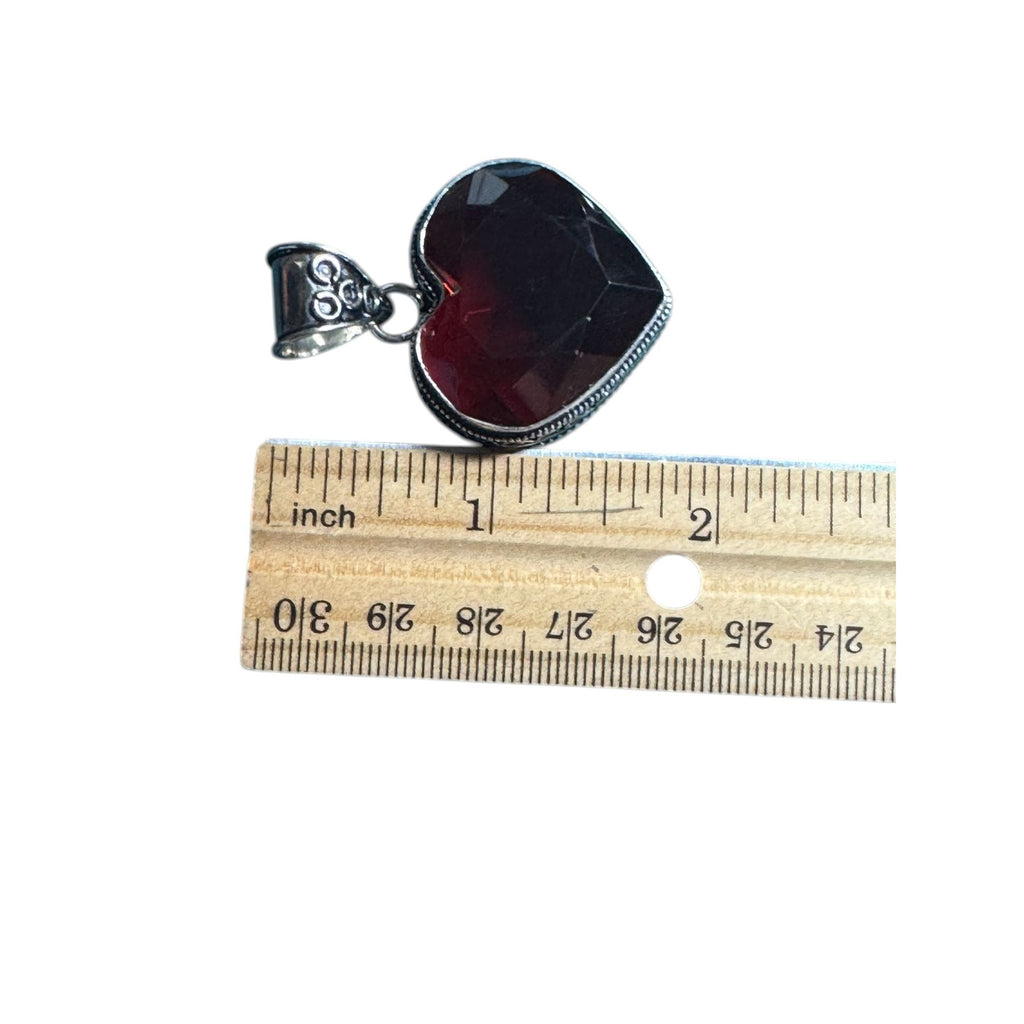 Sterling Silver 925 Heart Pendant Deep Red Faceted Gemstone Vintage Style Filigree Bail