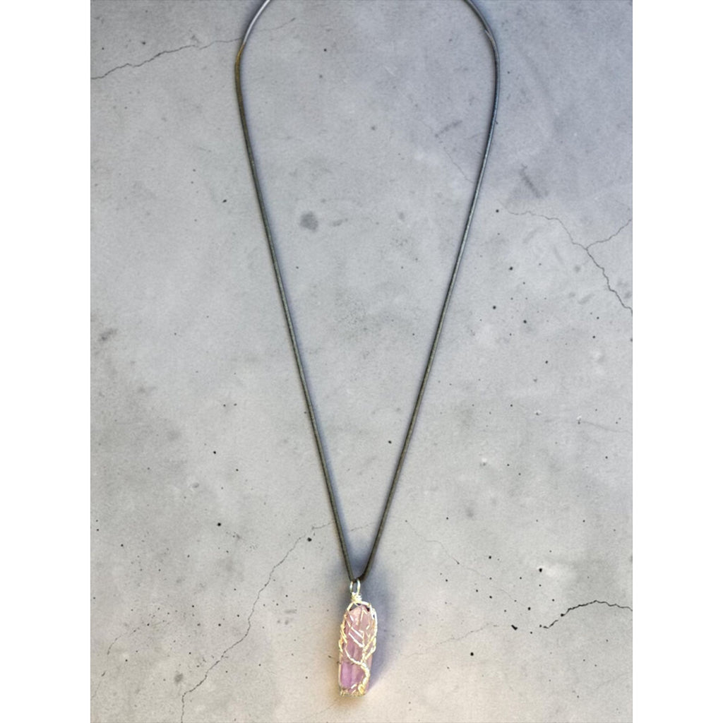 Wire Wrapped Crystal Pendant Necklace Boho Healing Stone Tree of Life Pink Purple on Black Cord