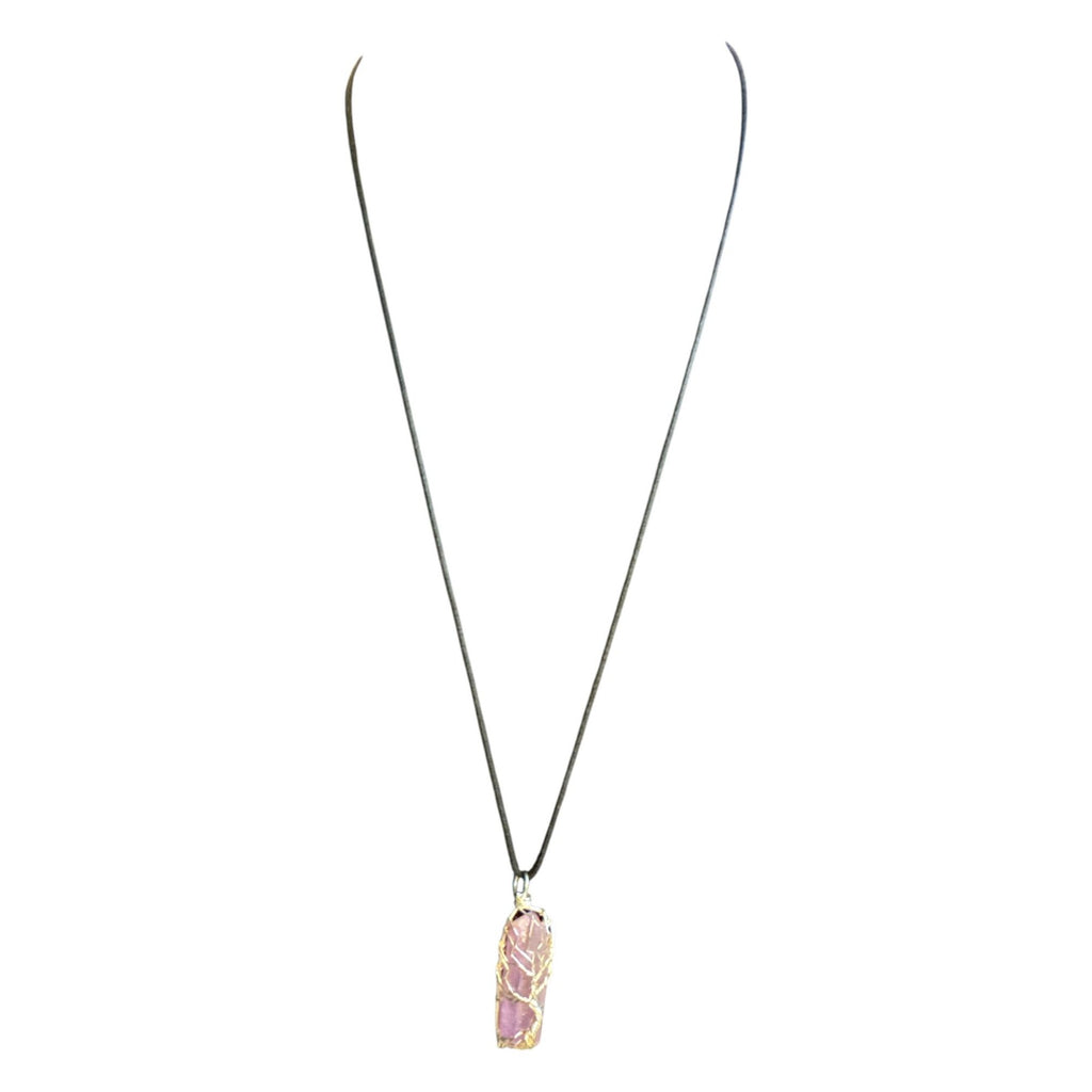 Wire Wrapped Crystal Pendant Necklace Boho Healing Stone Tree of Life Pink Purple on Black Cord