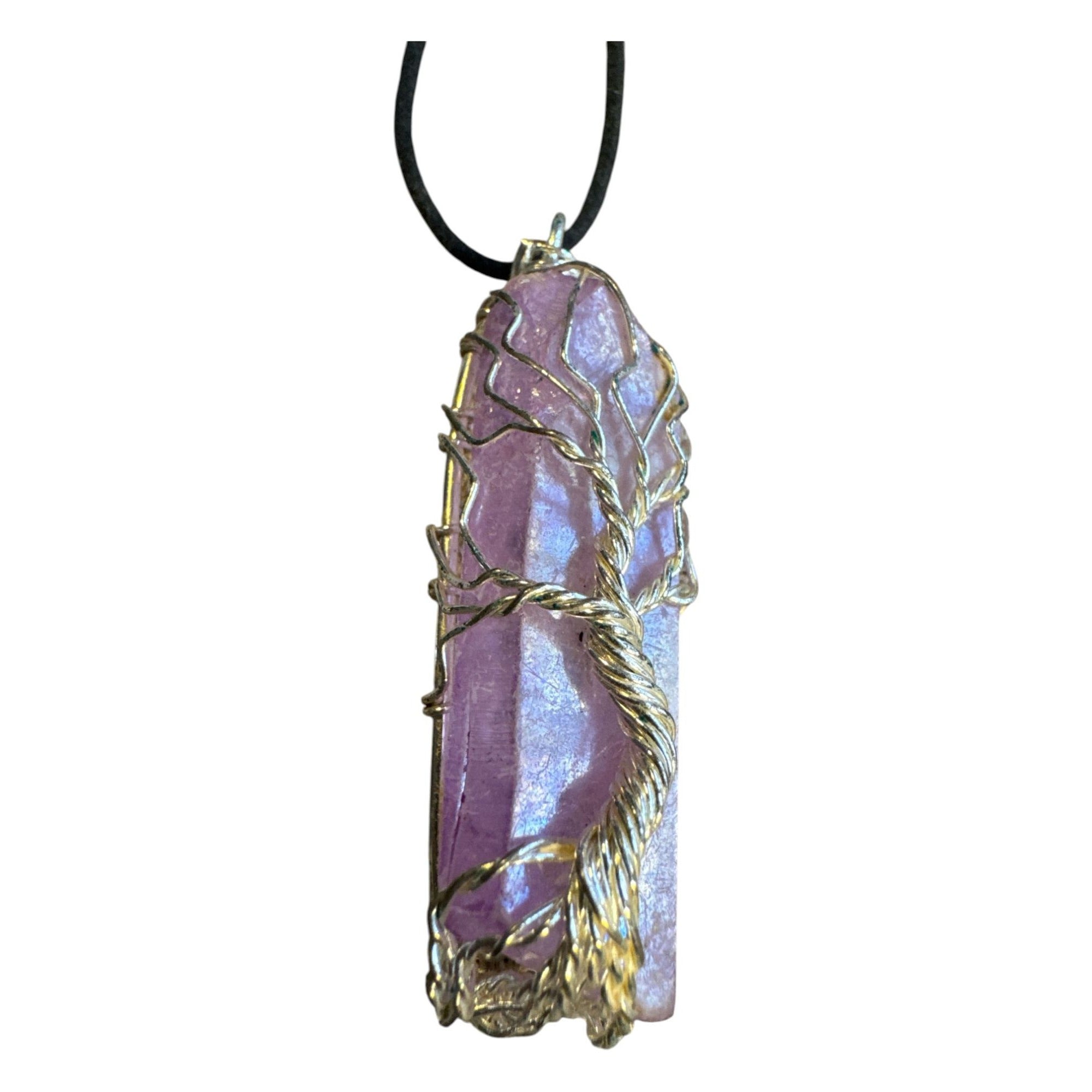 Wire Wrapped Crystal Pendant Necklace Boho Healing Stone Tree of Life Pink Purple on Black Cord