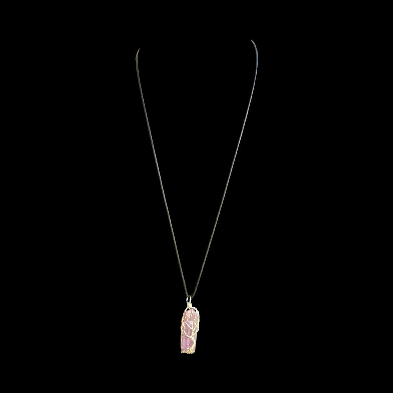 Wire Wrapped Crystal Pendant Necklace Boho Healing Stone Tree of Life Pink Purple on Black Cord