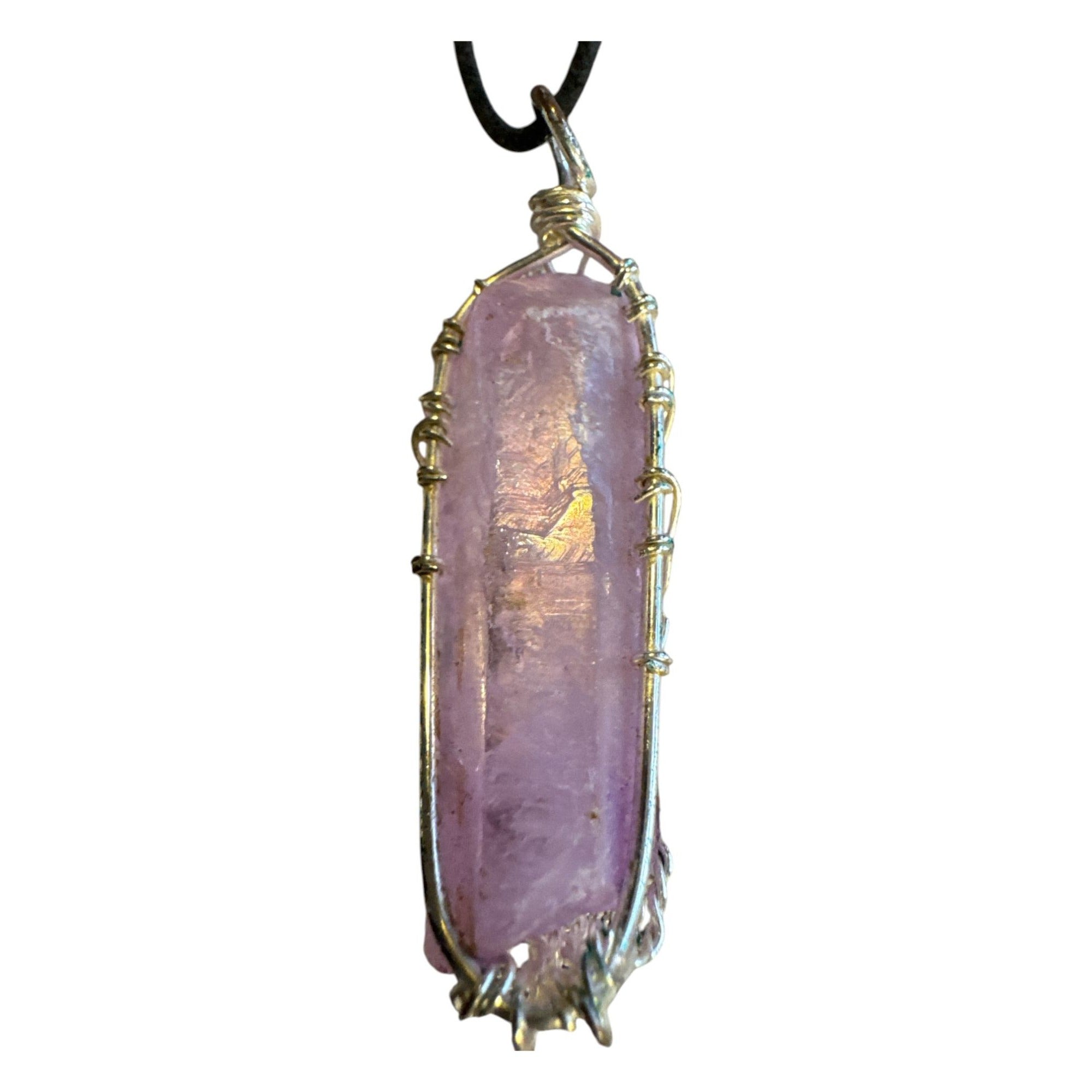Wire Wrapped Crystal Pendant Necklace Boho Healing Stone Tree of Life Pink Purple on Black Cord