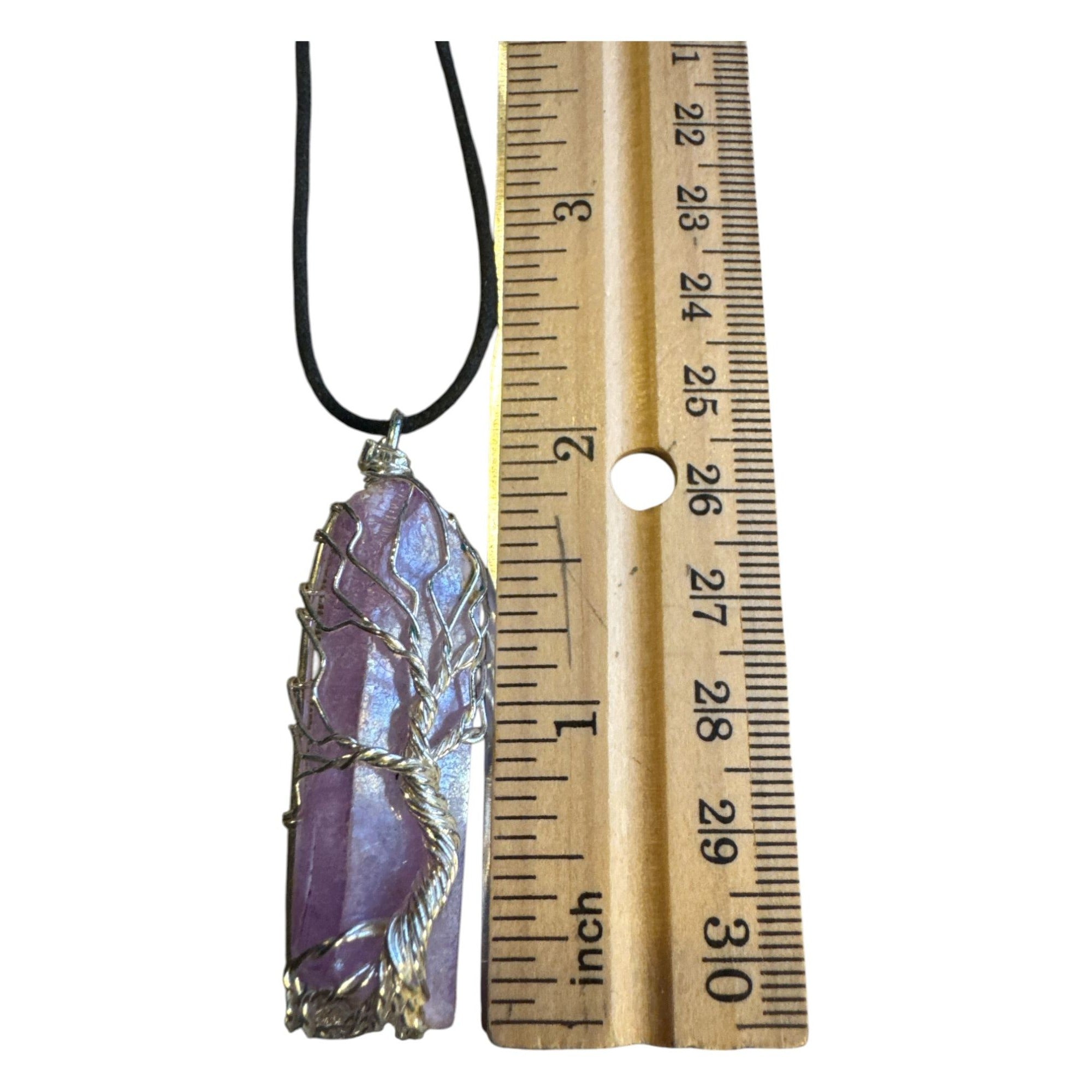 Wire Wrapped Crystal Pendant Necklace Boho Healing Stone Tree of Life Pink Purple on Black Cord