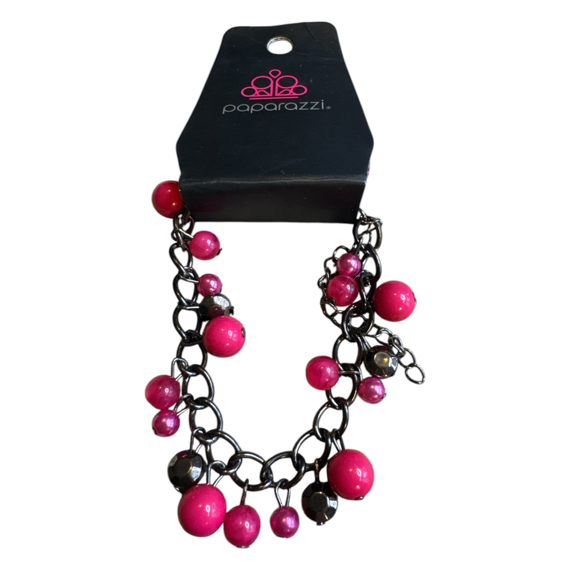 Paparazzi Chunky Statement Bracelet With Red & Pink Beads On Gunmetal Chain 7" Adjustable Length