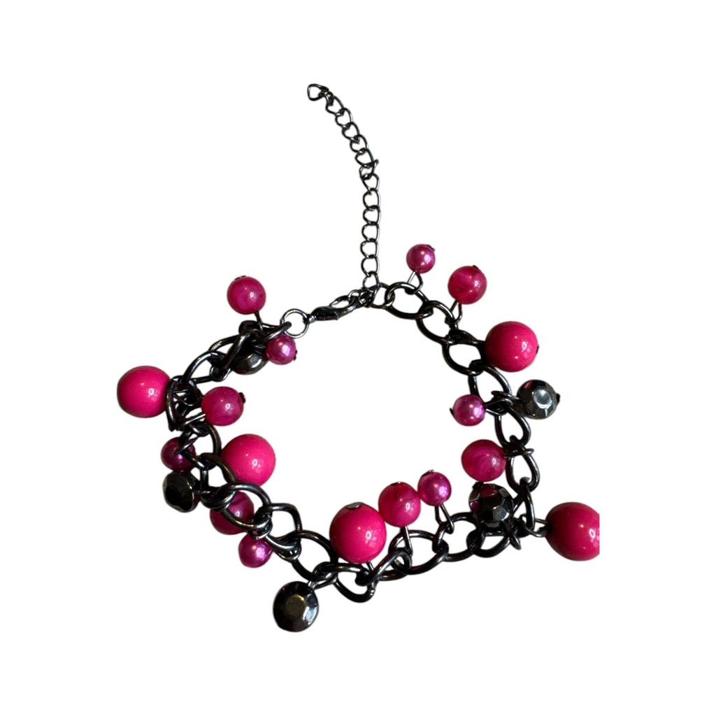 Paparazzi Chunky Statement Bracelet With Red & Pink Beads On Gunmetal Chain 7" Adjustable Length