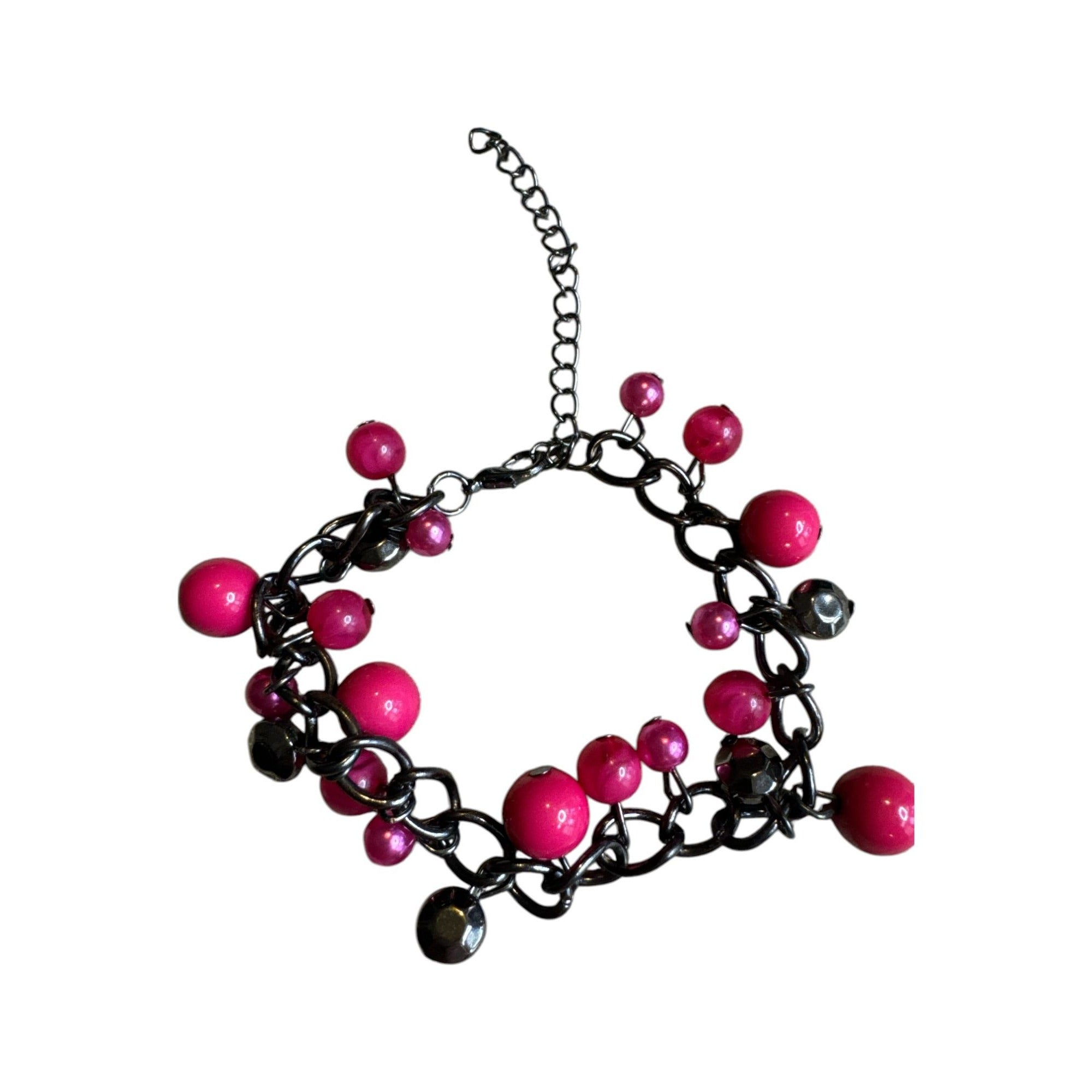 Paparazzi Chunky Statement Bracelet With Red & Pink Beads On Gunmetal Chain 7" Adjustable Length