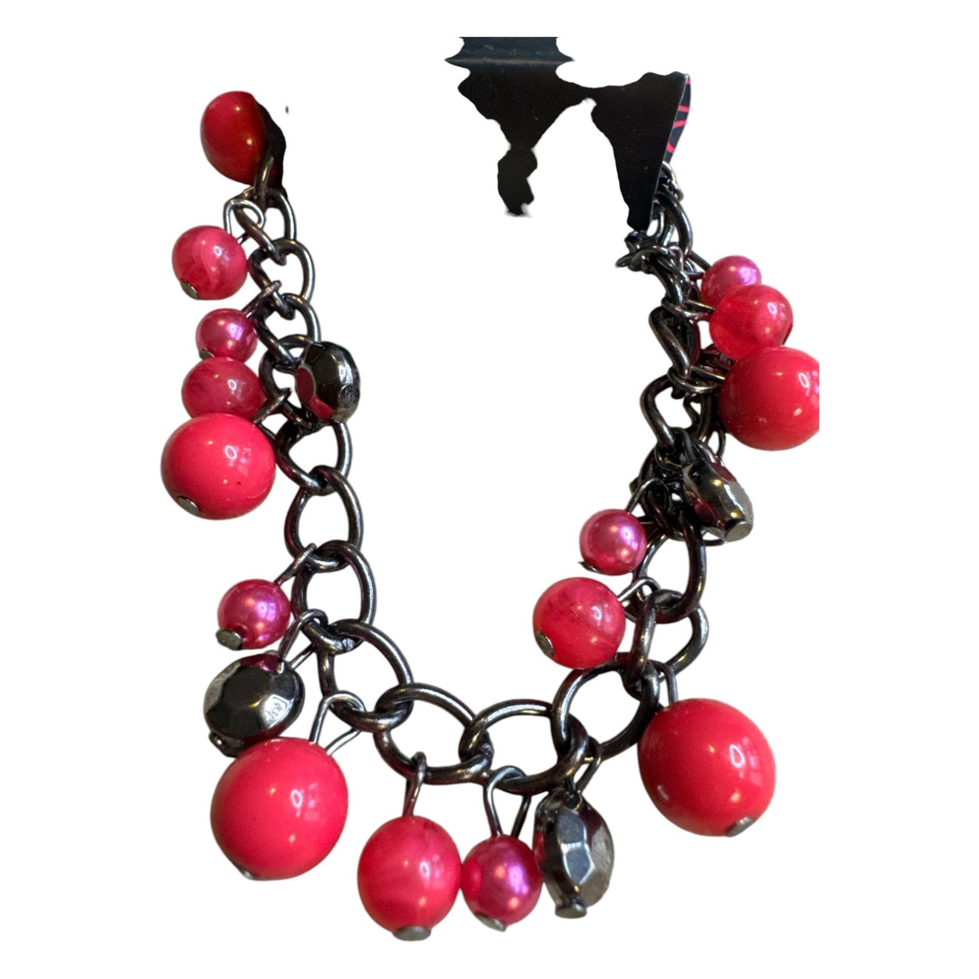 Paparazzi Chunky Statement Bracelet With Red & Pink Beads On Gunmetal Chain 7" Adjustable Length