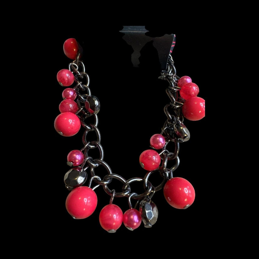 Paparazzi Chunky Statement Bracelet With Red & Pink Beads On Gunmetal Chain 7" Adjustable Length