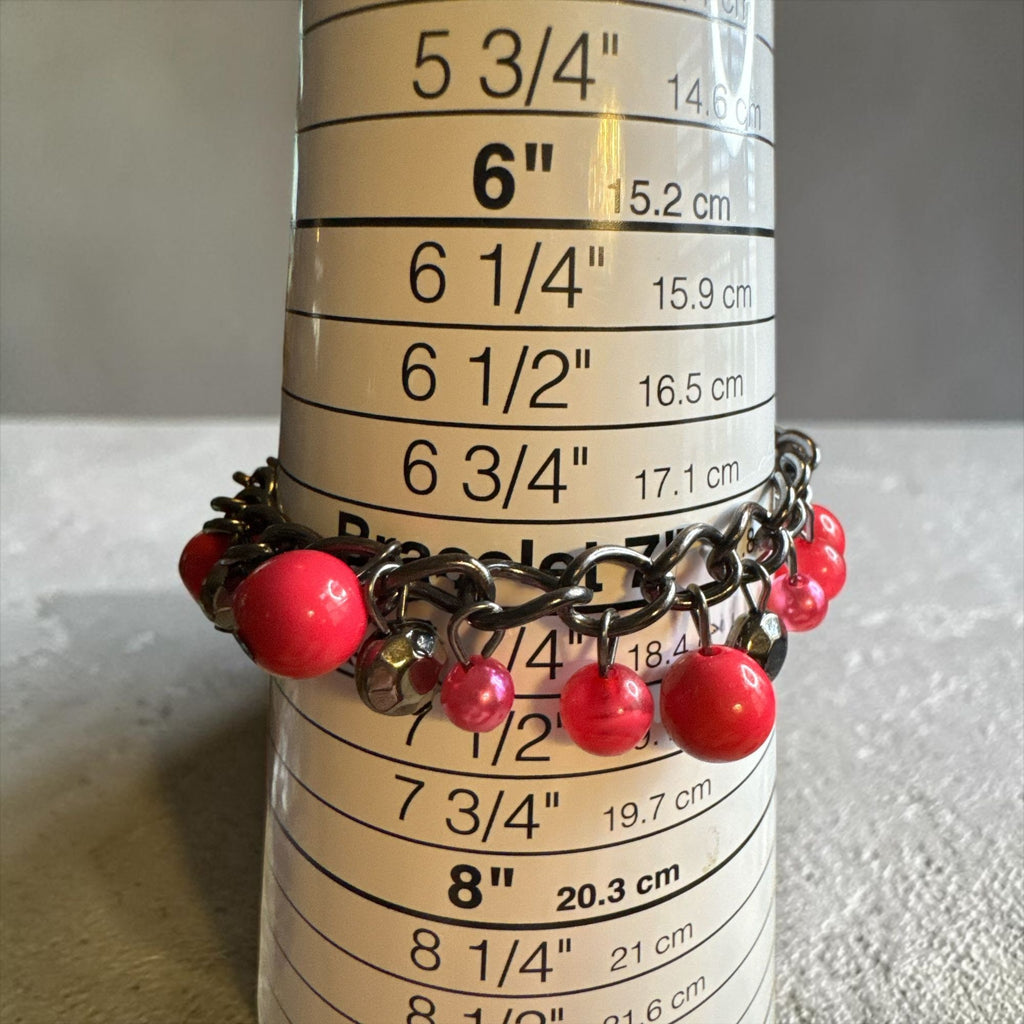 Paparazzi Chunky Statement Bracelet With Red & Pink Beads On Gunmetal Chain 7" Adjustable Length