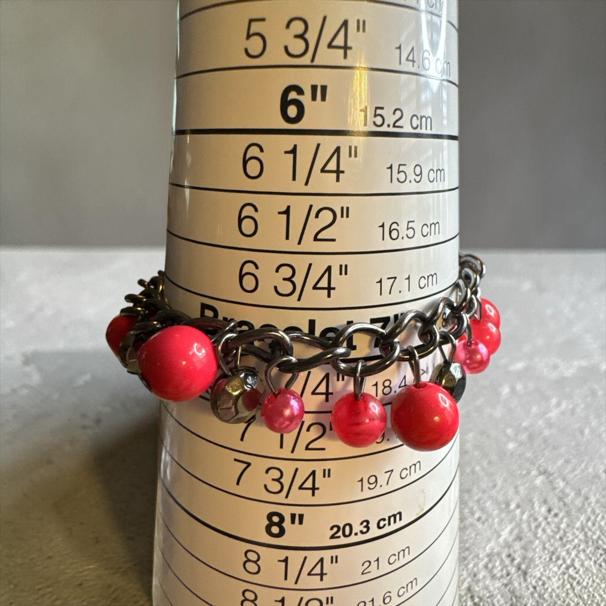 Paparazzi Chunky Statement Bracelet With Red & Pink Beads On Gunmetal Chain 7" Adjustable Length