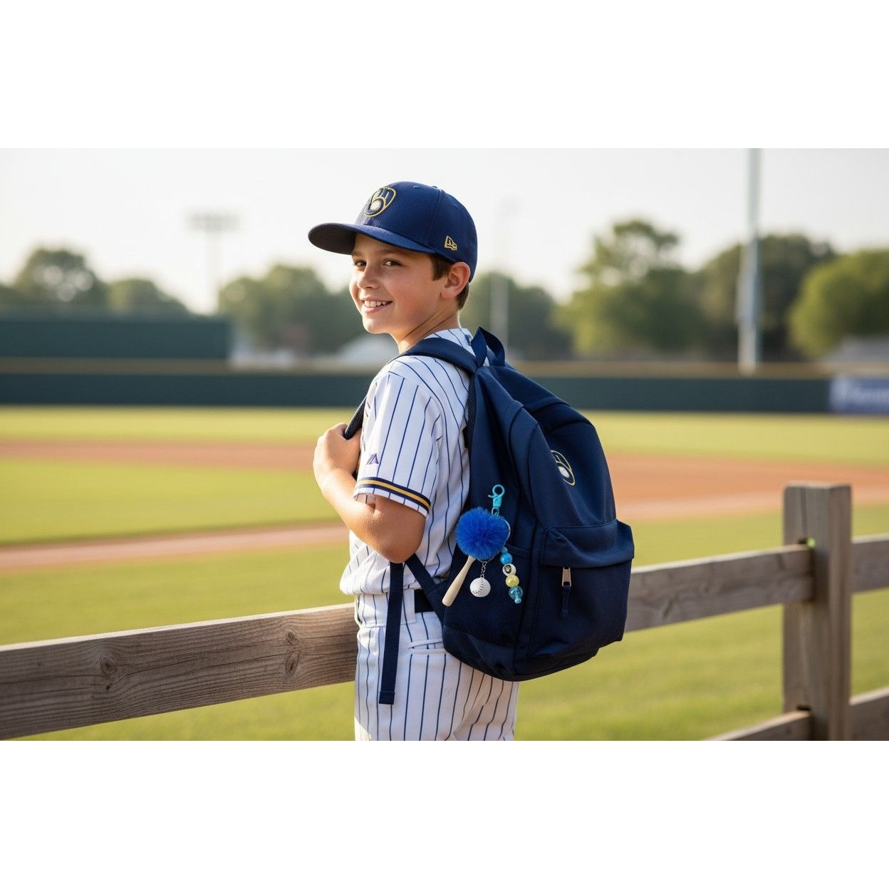 Milwaukee Brewers Baseball-Themed Keychain With Blue Pom Mini Bat Ball & Beads For Backpacks Or Bags