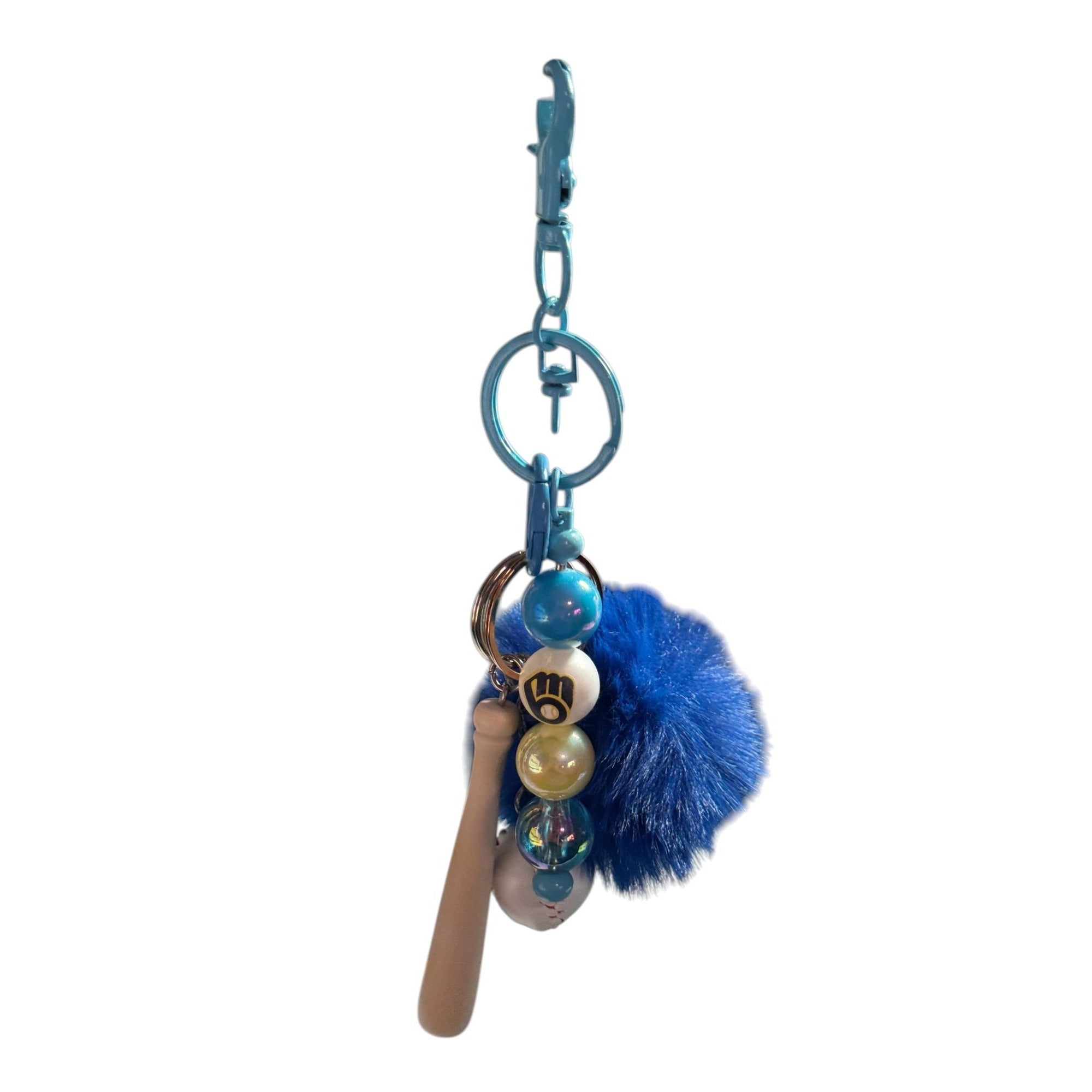 Milwaukee Brewers Baseball-Themed Keychain With Blue Pom Mini Bat Ball & Beads For Backpacks Or Bags