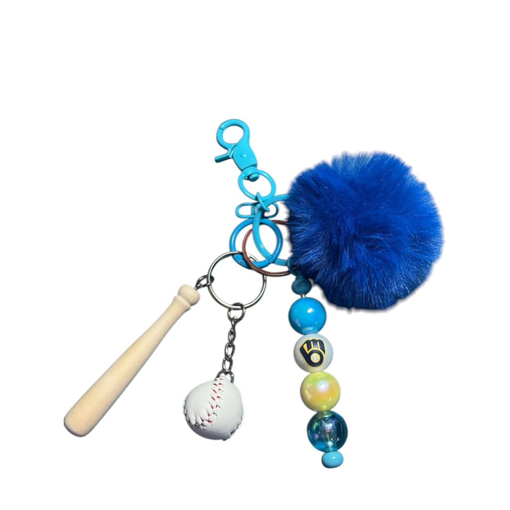 Milwaukee Brewers Baseball-Themed Keychain With Blue Pom Mini Bat Ball & Beads For Backpacks Or Bags
