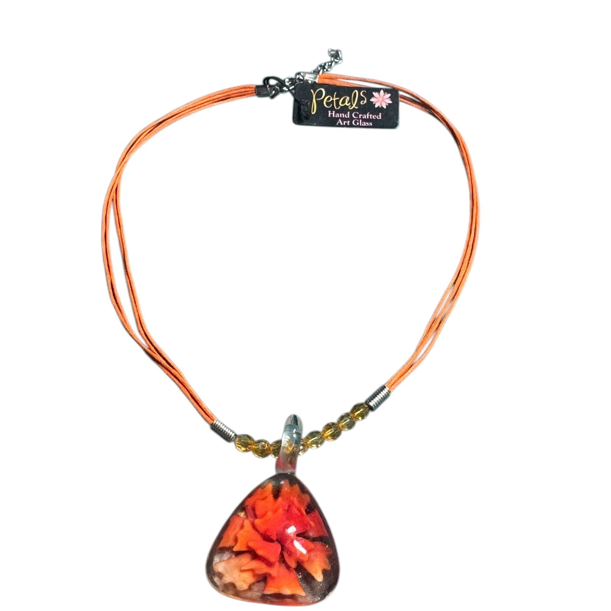 Handcrafted Orange Glass Pendant Necklace With Artful Floral Design & Bead Accents
