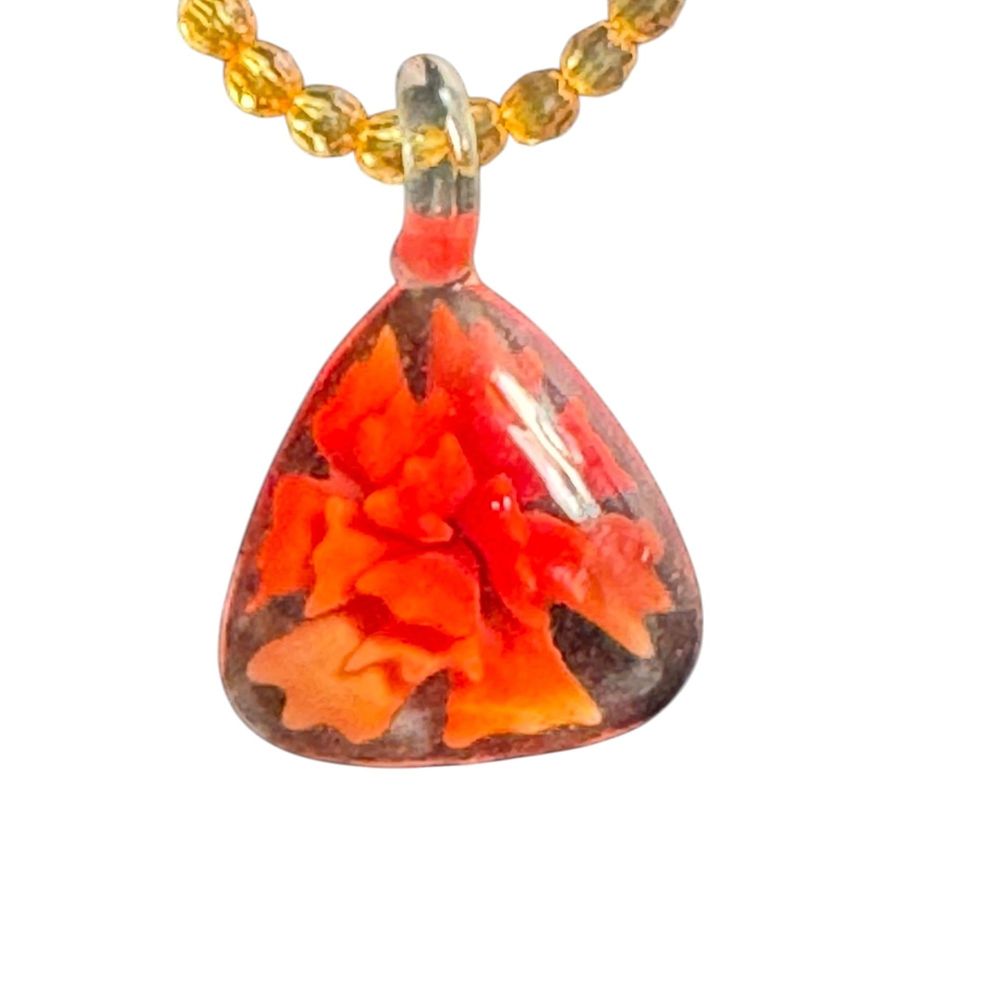 Handcrafted Orange Glass Pendant Necklace With Artful Floral Design & Bead Accents