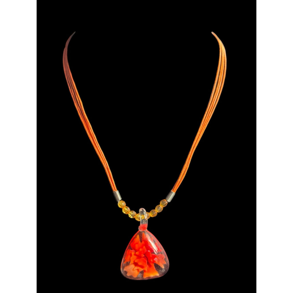 Handcrafted Orange Glass Pendant Necklace With Artful Floral Design & Bead Accents