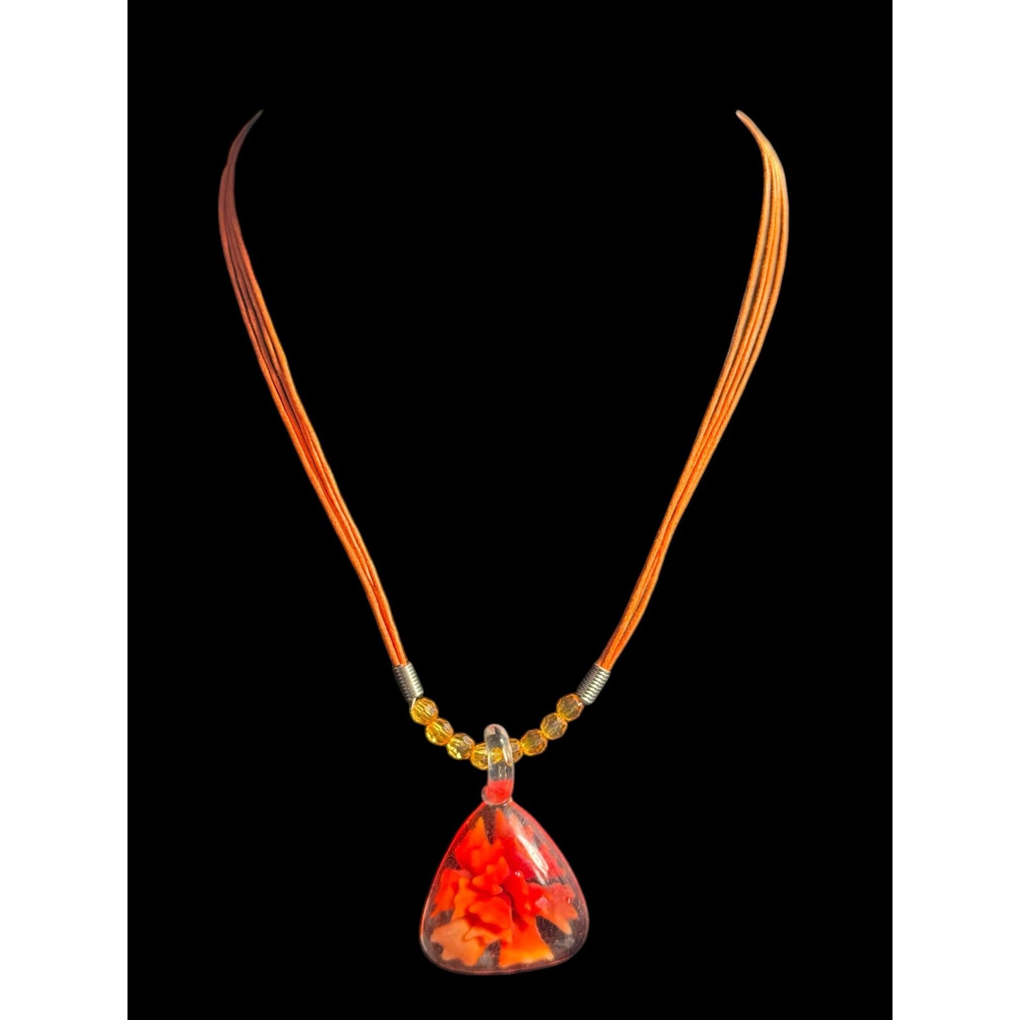 Handcrafted Orange Glass Pendant Necklace With Artful Floral Design & Bead Accents
