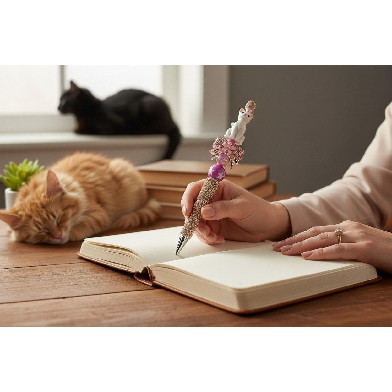 White Cat Crystal Beaded Pen With Pink Bow & Glitter Accents For Writing Or Gift