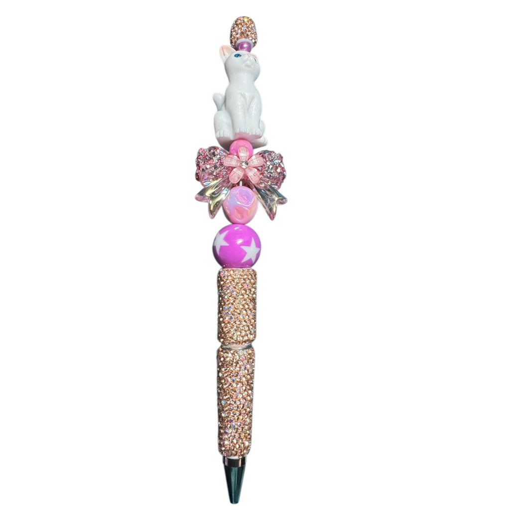 White Cat Crystal Beaded Pen With Pink Bow & Glitter Accents For Writing Or Gift
