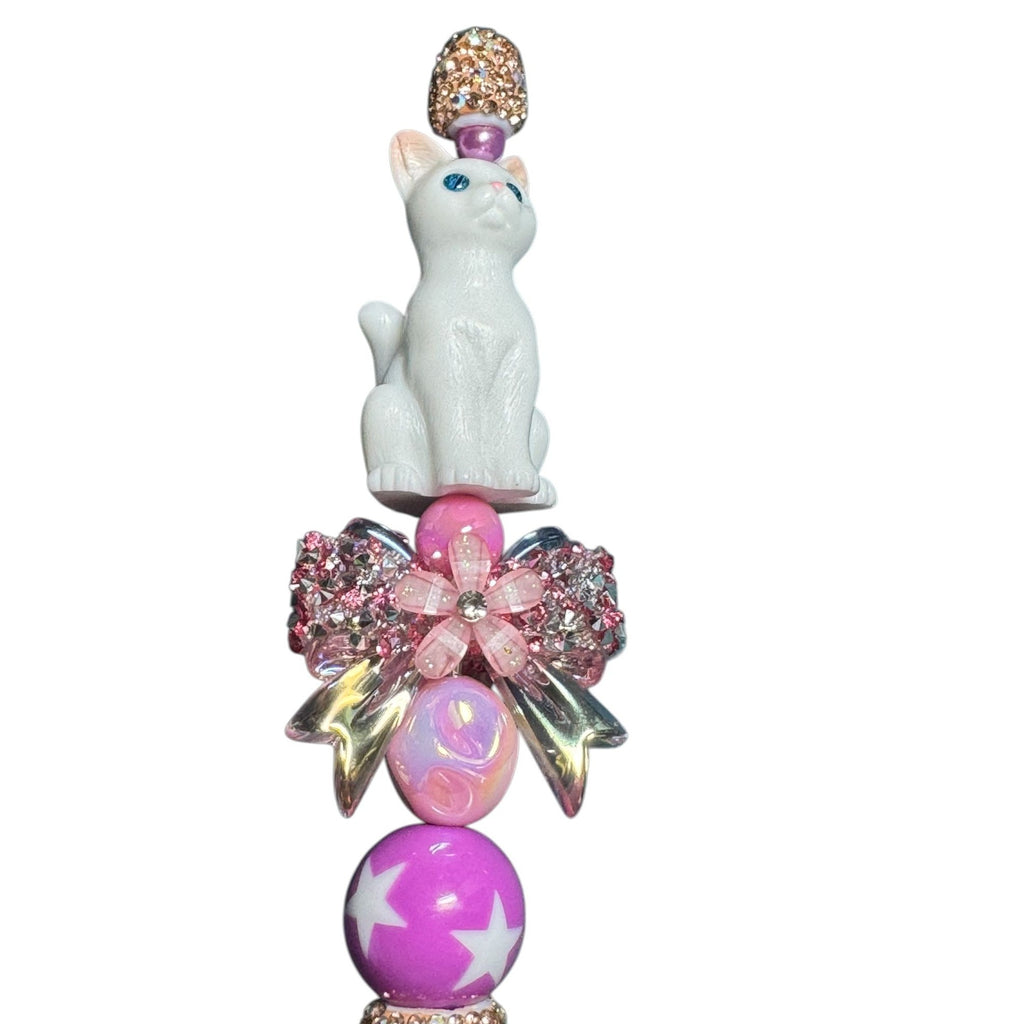 White Cat Crystal Beaded Pen With Pink Bow & Glitter Accents For Writing Or Gift