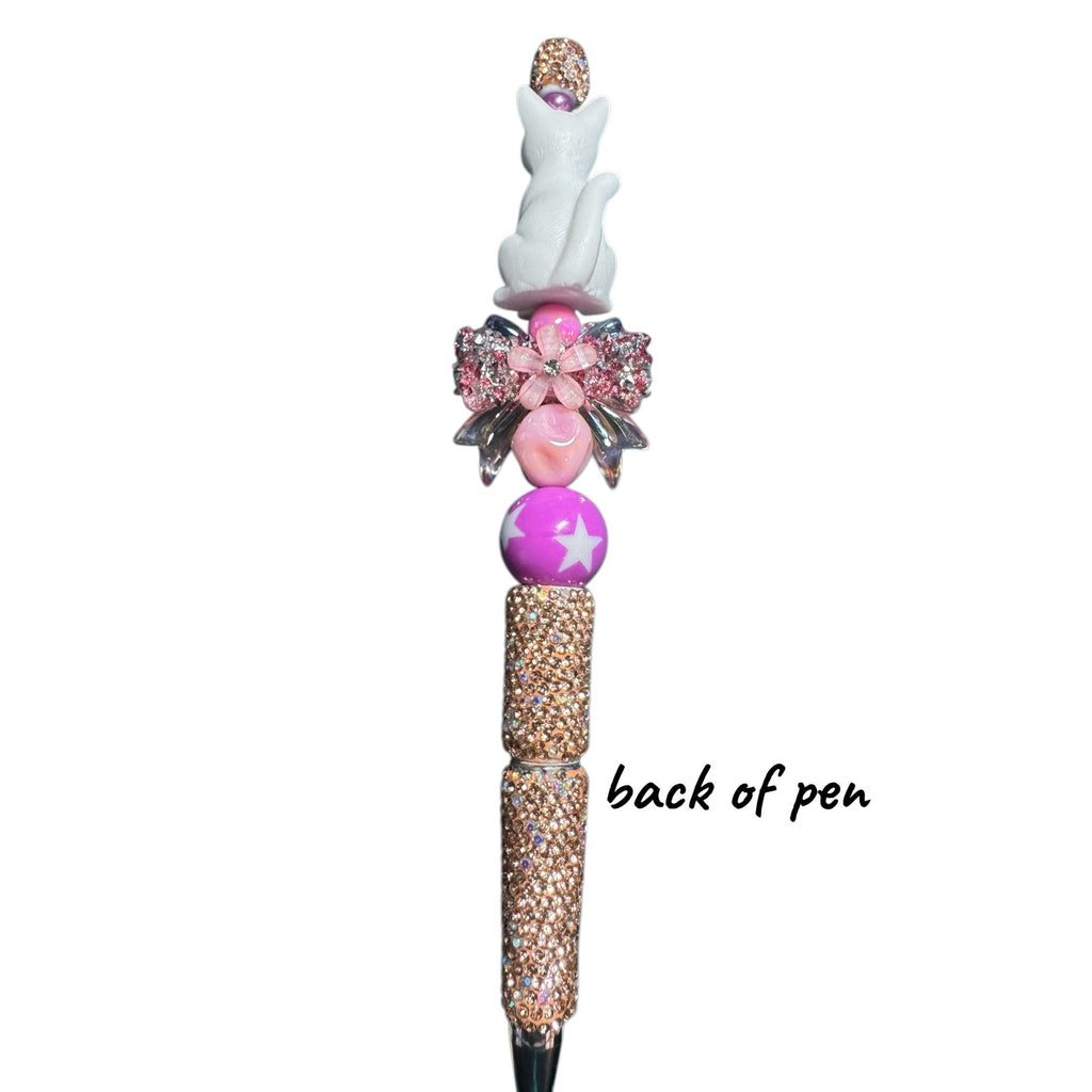 White Cat Crystal Beaded Pen With Pink Bow & Glitter Accents For Writing Or Gift