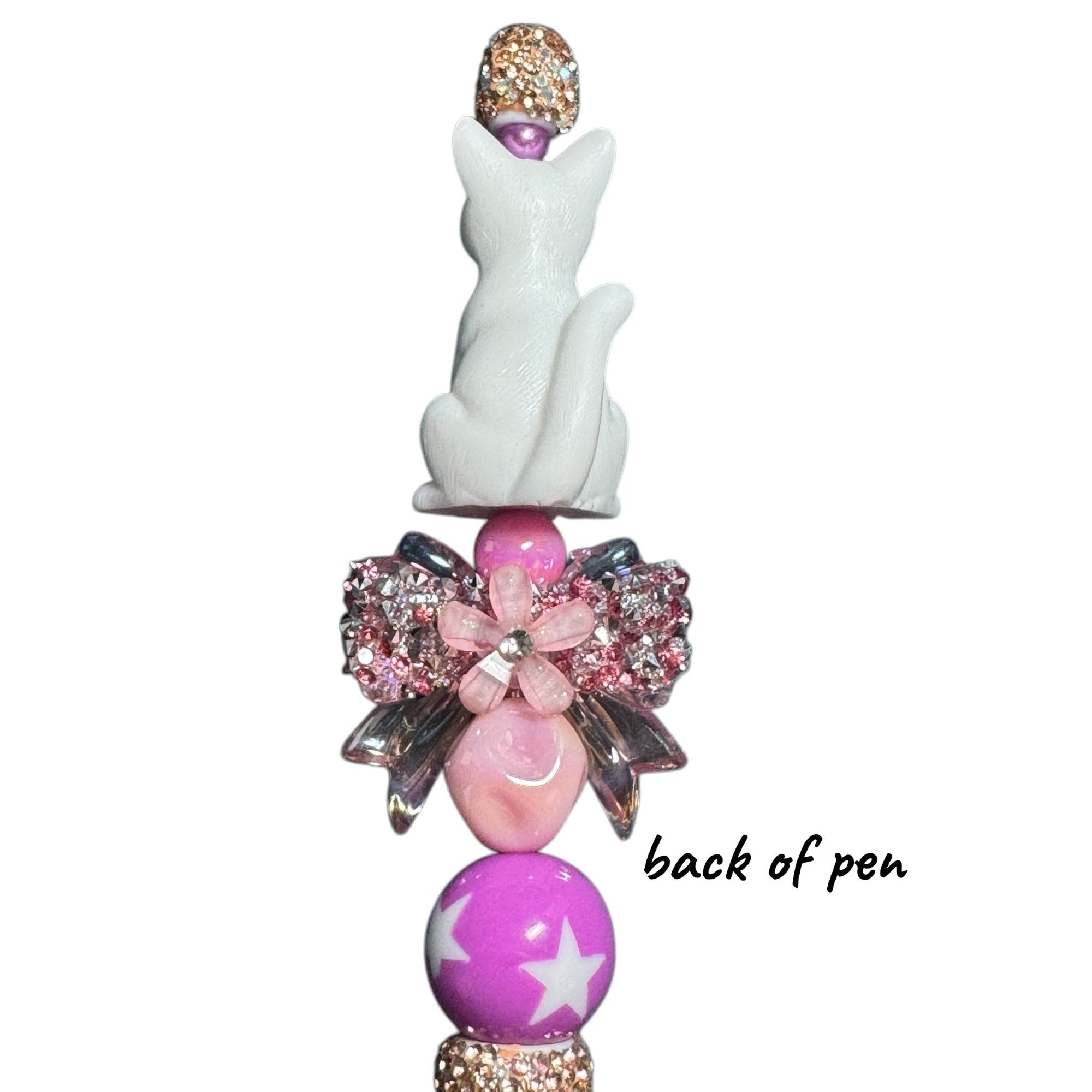 White Cat Crystal Beaded Pen With Pink Bow & Glitter Accents For Writing Or Gift