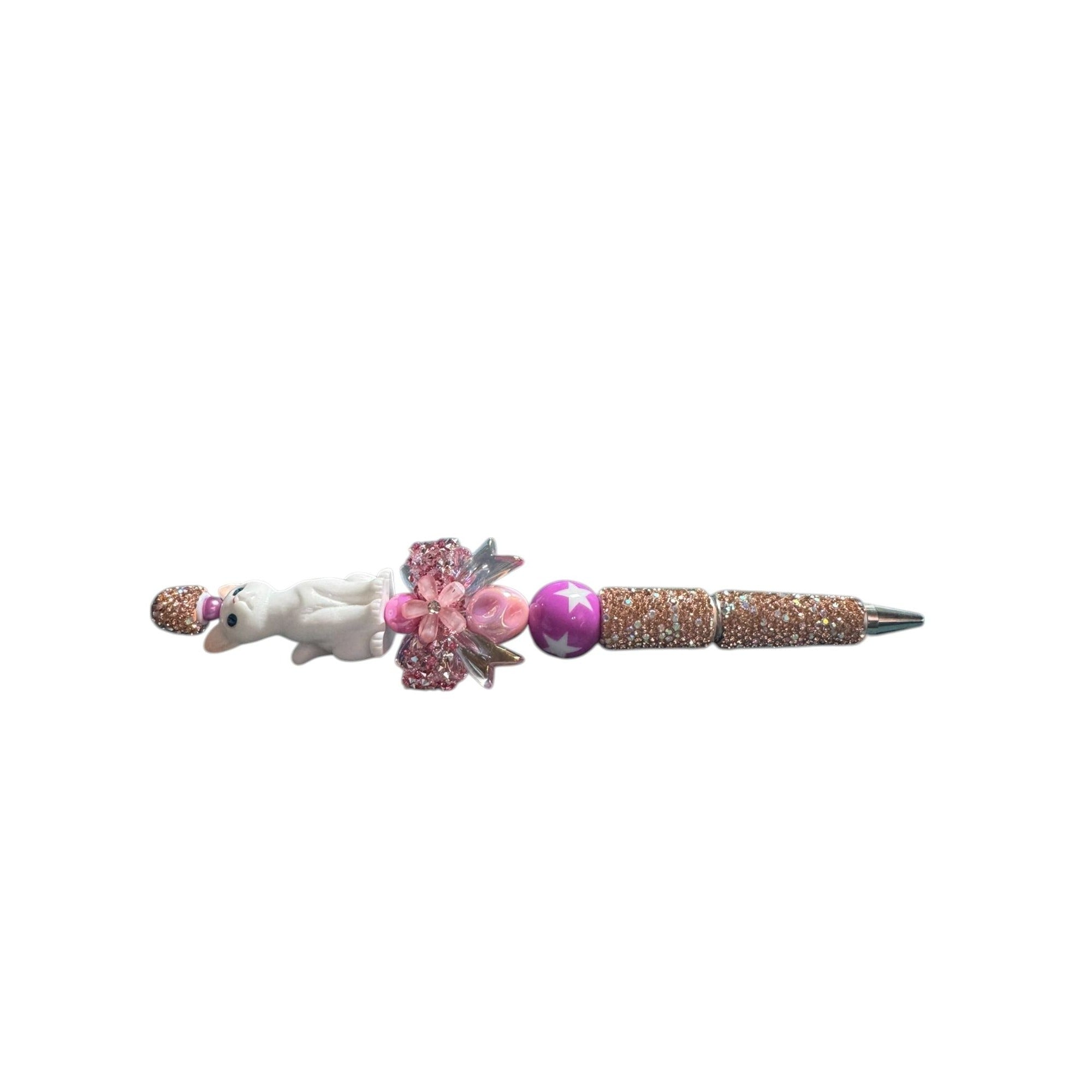 White Cat Crystal Beaded Pen With Pink Bow & Glitter Accents For Writing Or Gift