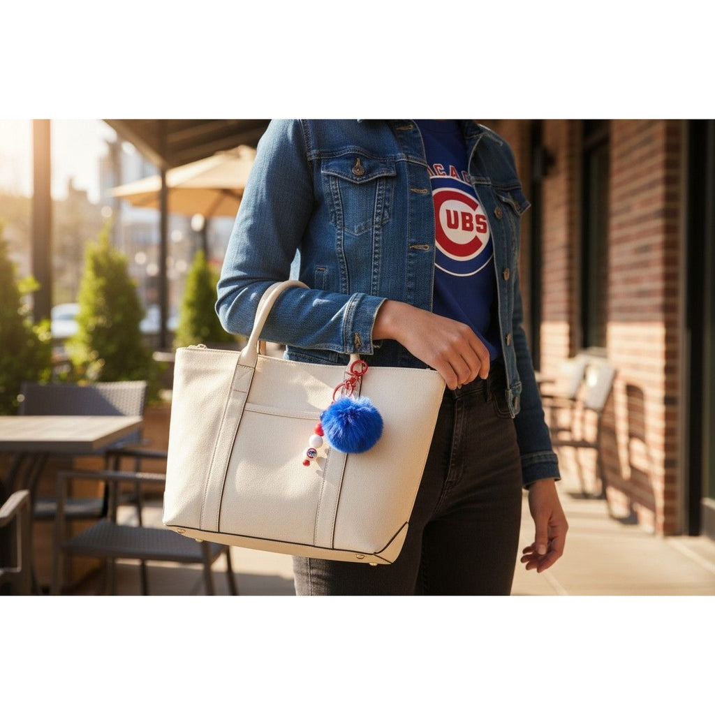 Chicago Cubs Pom Pom Keychain With Blue Fur & Red Bead Accents MLB Team Logo Bag Charm Accessory