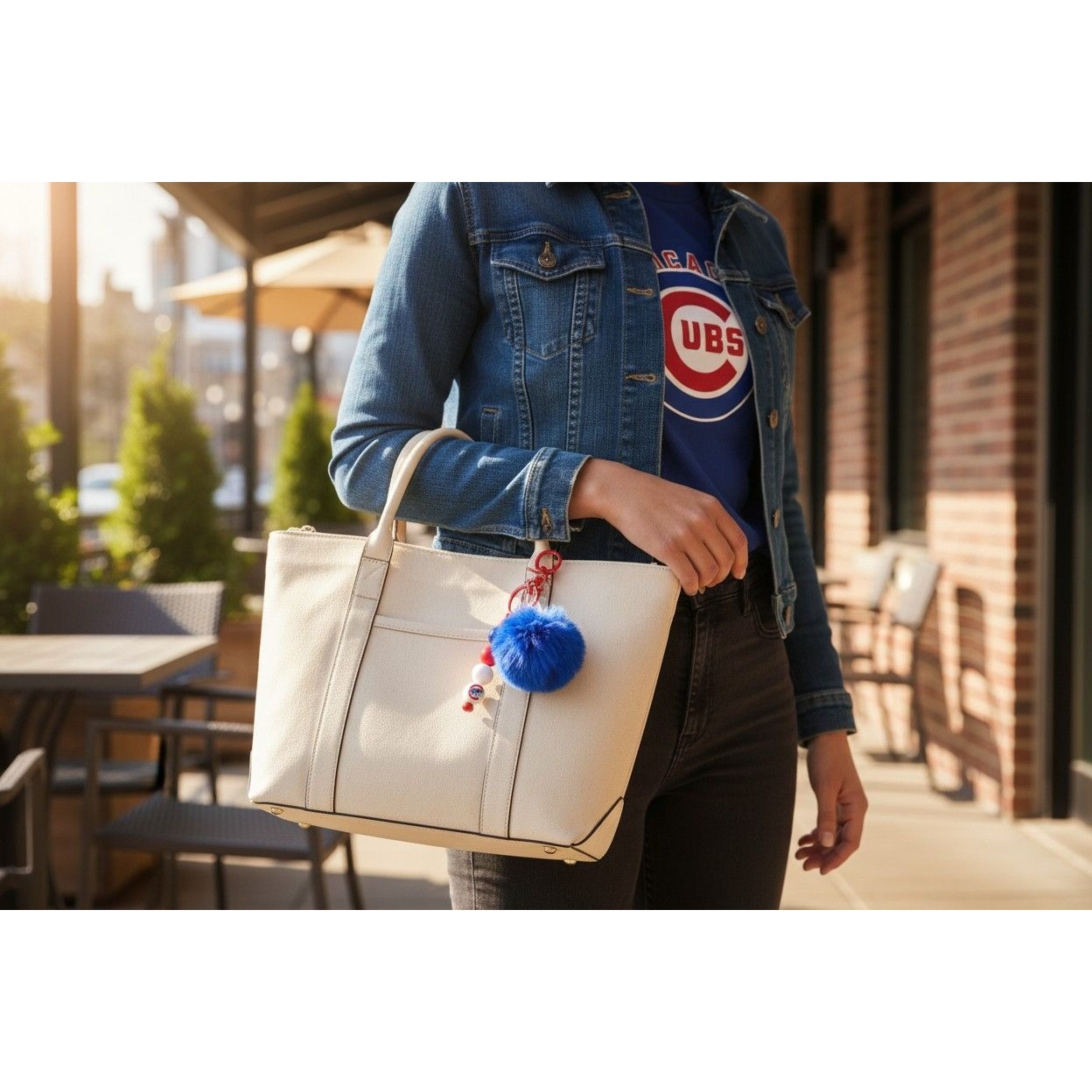 Chicago Cubs Pom Pom Keychain With Blue Fur & Red Bead Accents MLB Team Logo Bag Charm Accessory