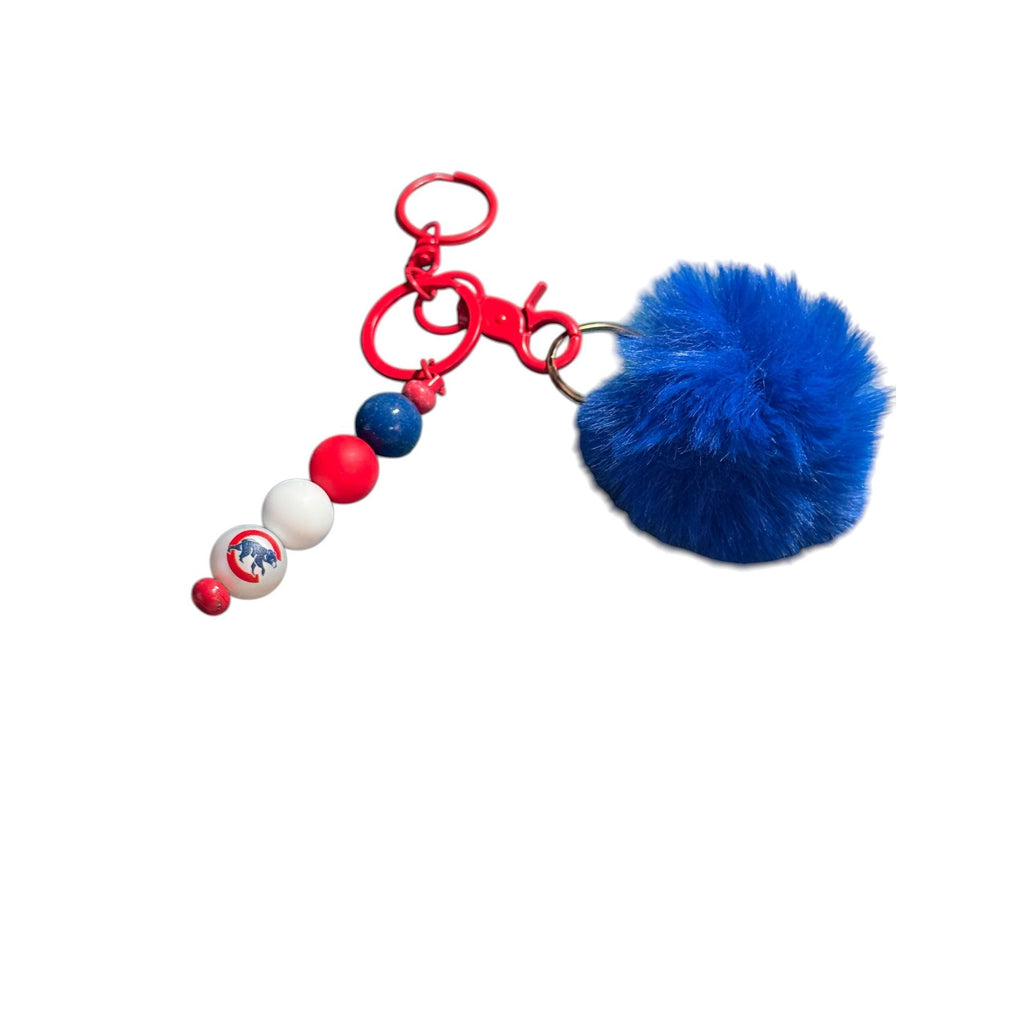 Chicago Cubs Pom Pom Keychain With Blue Fur & Red Bead Accents MLB Team Logo Bag Charm Accessory
