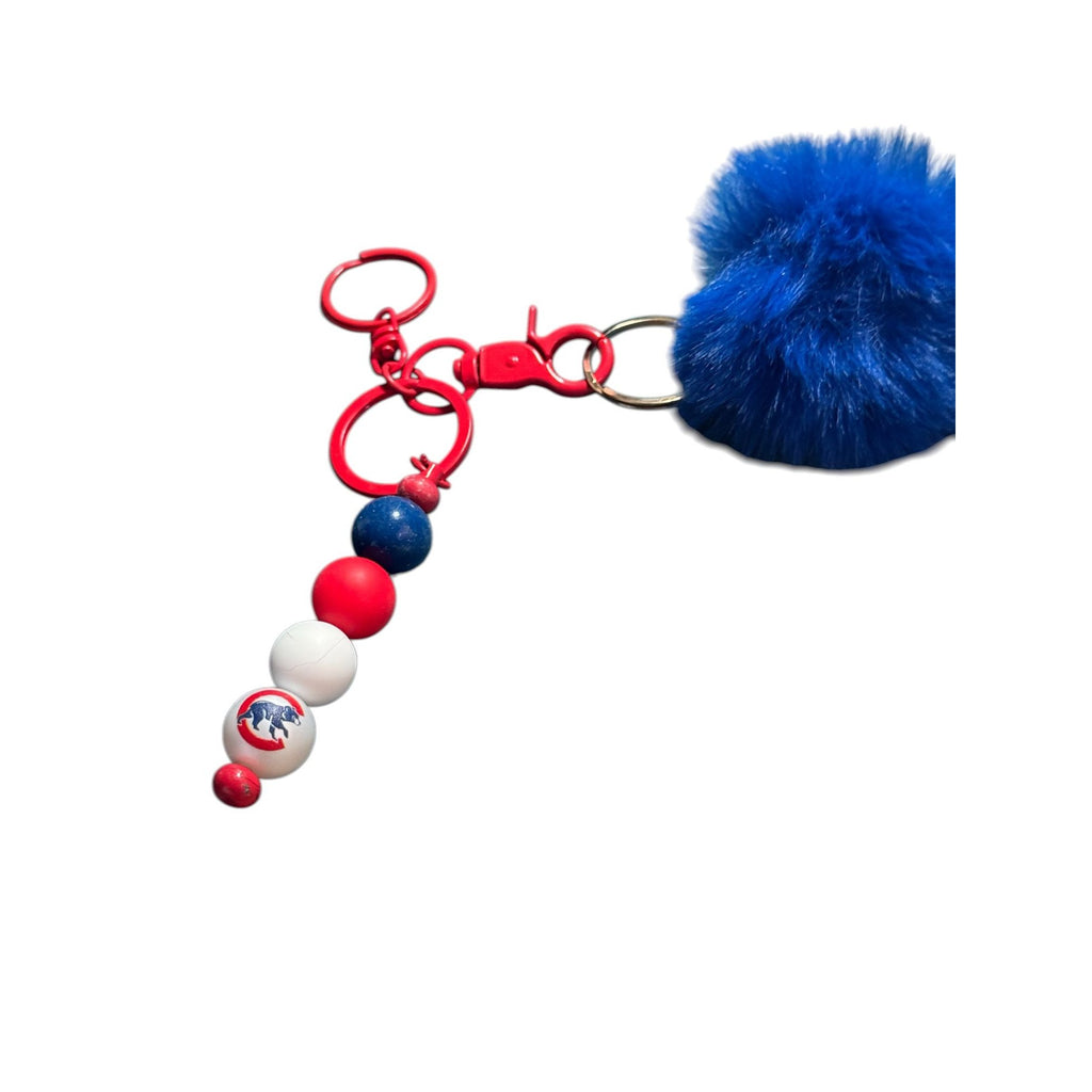 Chicago Cubs Pom Pom Keychain With Blue Fur & Red Bead Accents MLB Team Logo Bag Charm Accessory
