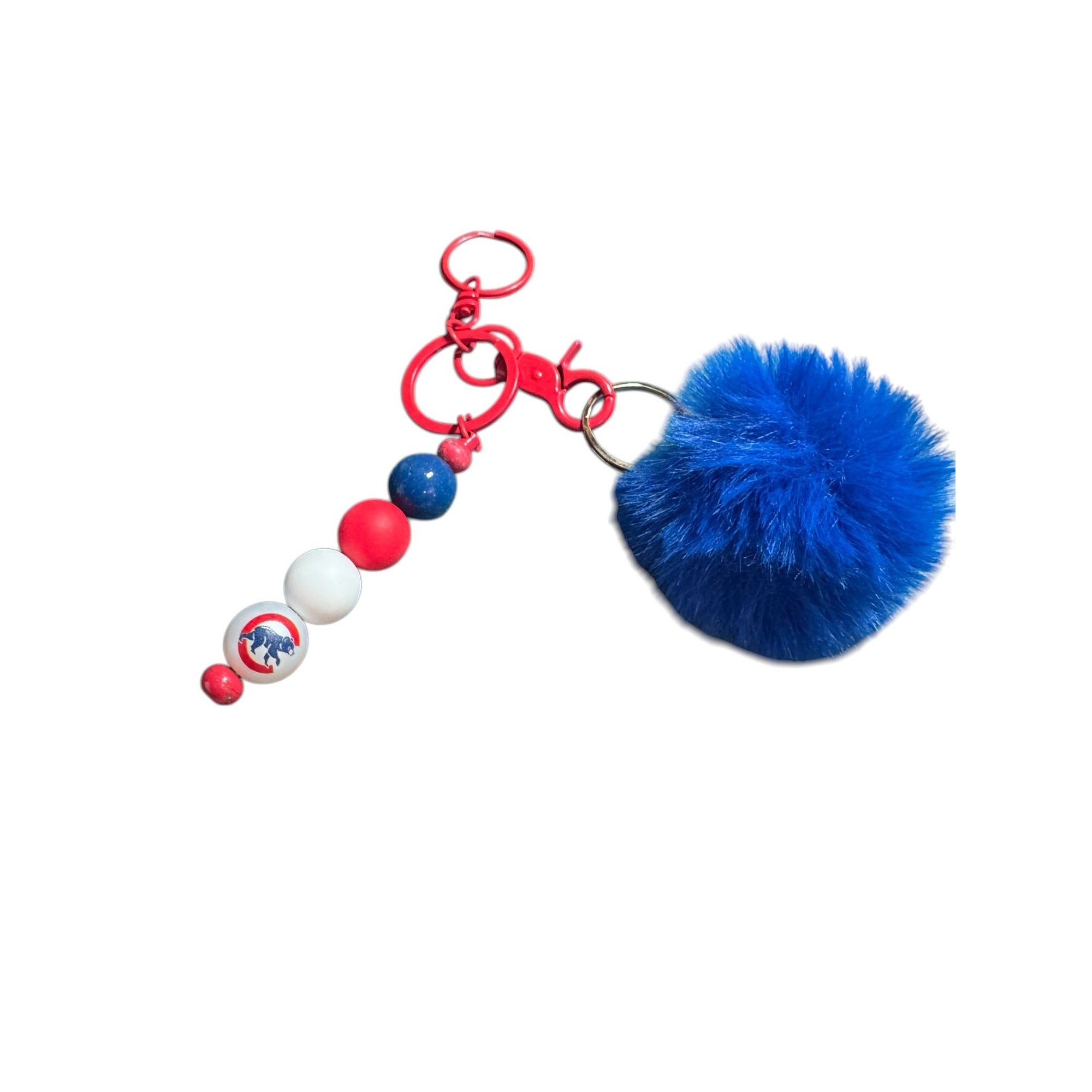 Chicago Cubs Pom Pom Keychain With Blue Fur & Red Bead Accents MLB Team Logo Bag Charm Accessory