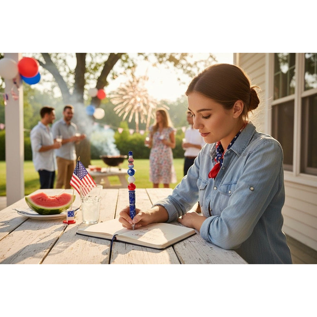 Celebrate 250 years with this Patriotic Beaded Pen with Red White & Blue Stars & Stripes Design for Writing or Gifting