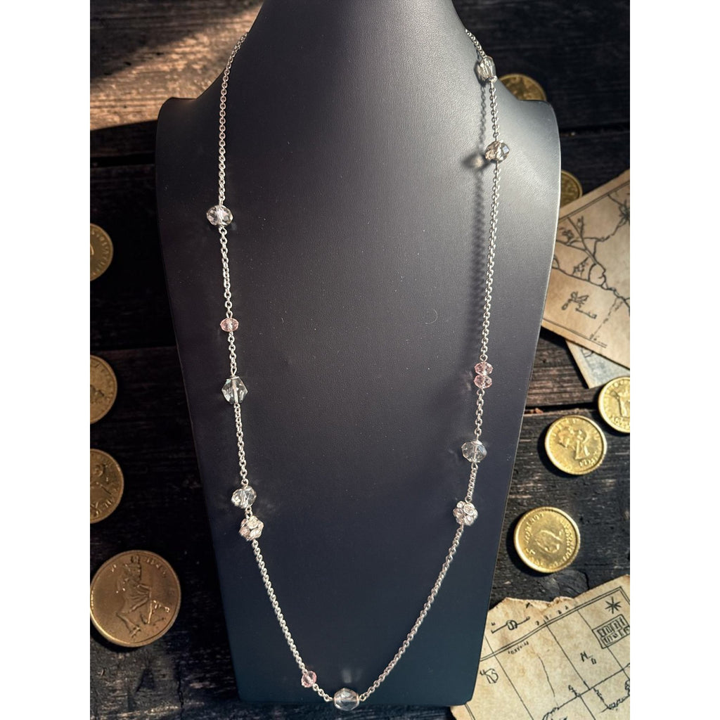 Crystal Beaded Silver Chain Necklace With Round & Faceted Glass Accents Lightweight & Elegant Long Style
