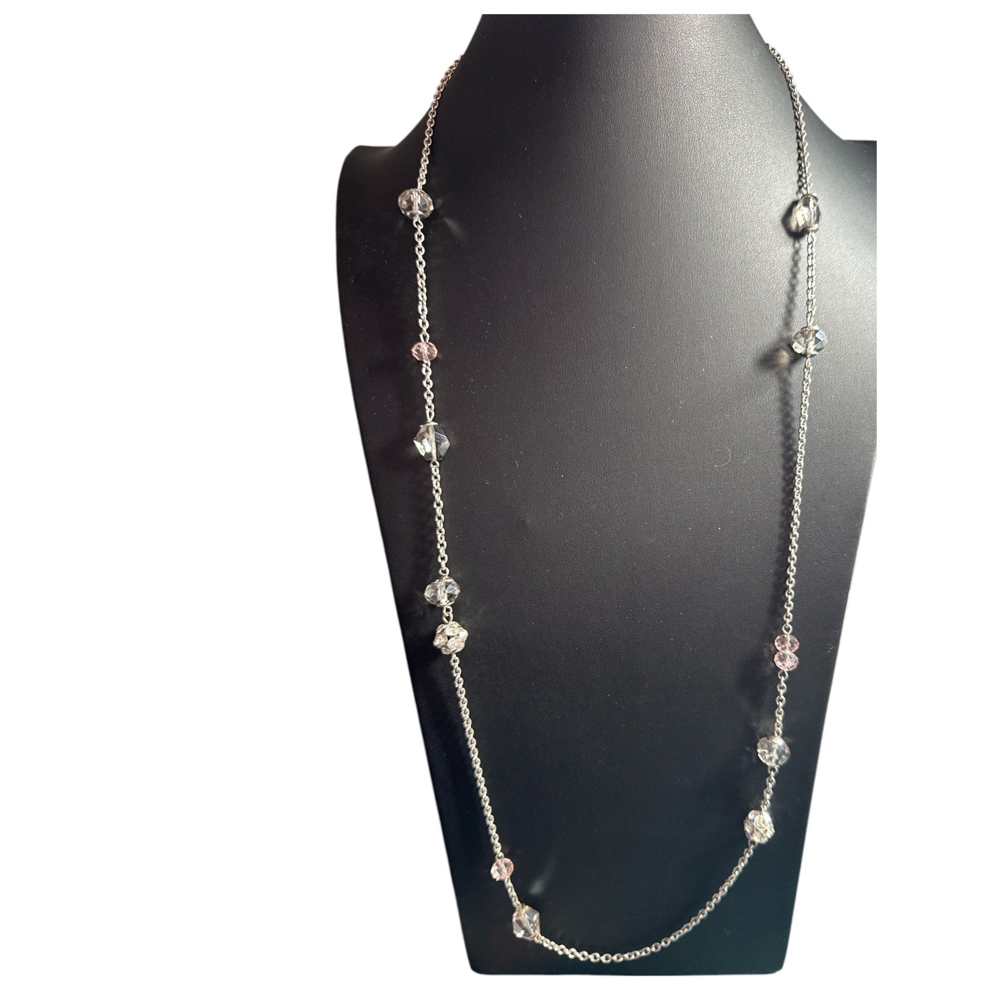 Crystal Beaded Silver Chain Necklace With Round & Faceted Glass Accents Lightweight & Elegant Long Style