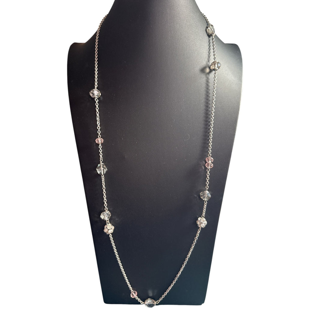 Crystal Beaded Silver Chain Necklace With Round & Faceted Glass Accents Lightweight & Elegant Long Style