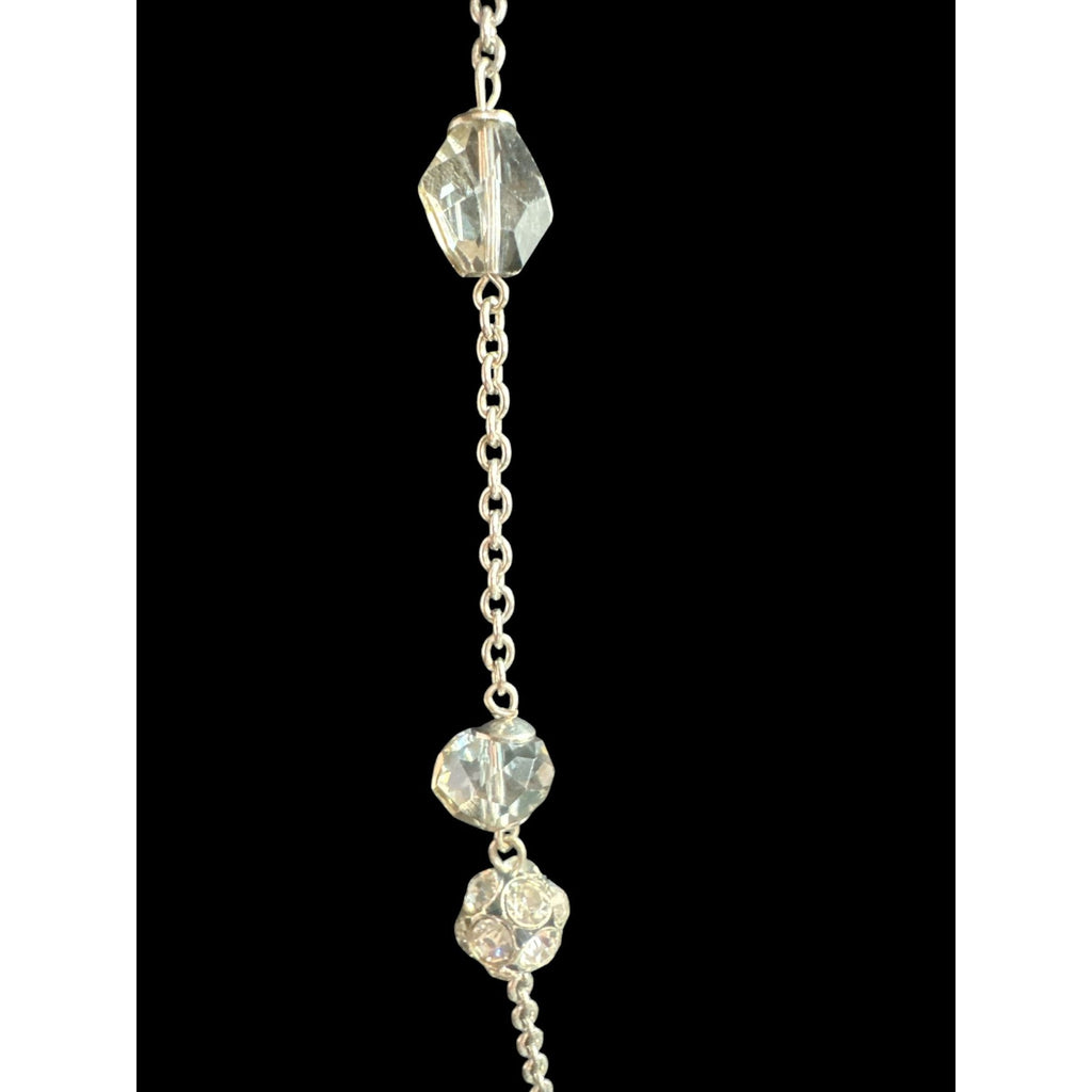 Crystal Beaded Silver Chain Necklace With Round & Faceted Glass Accents Lightweight & Elegant Long Style