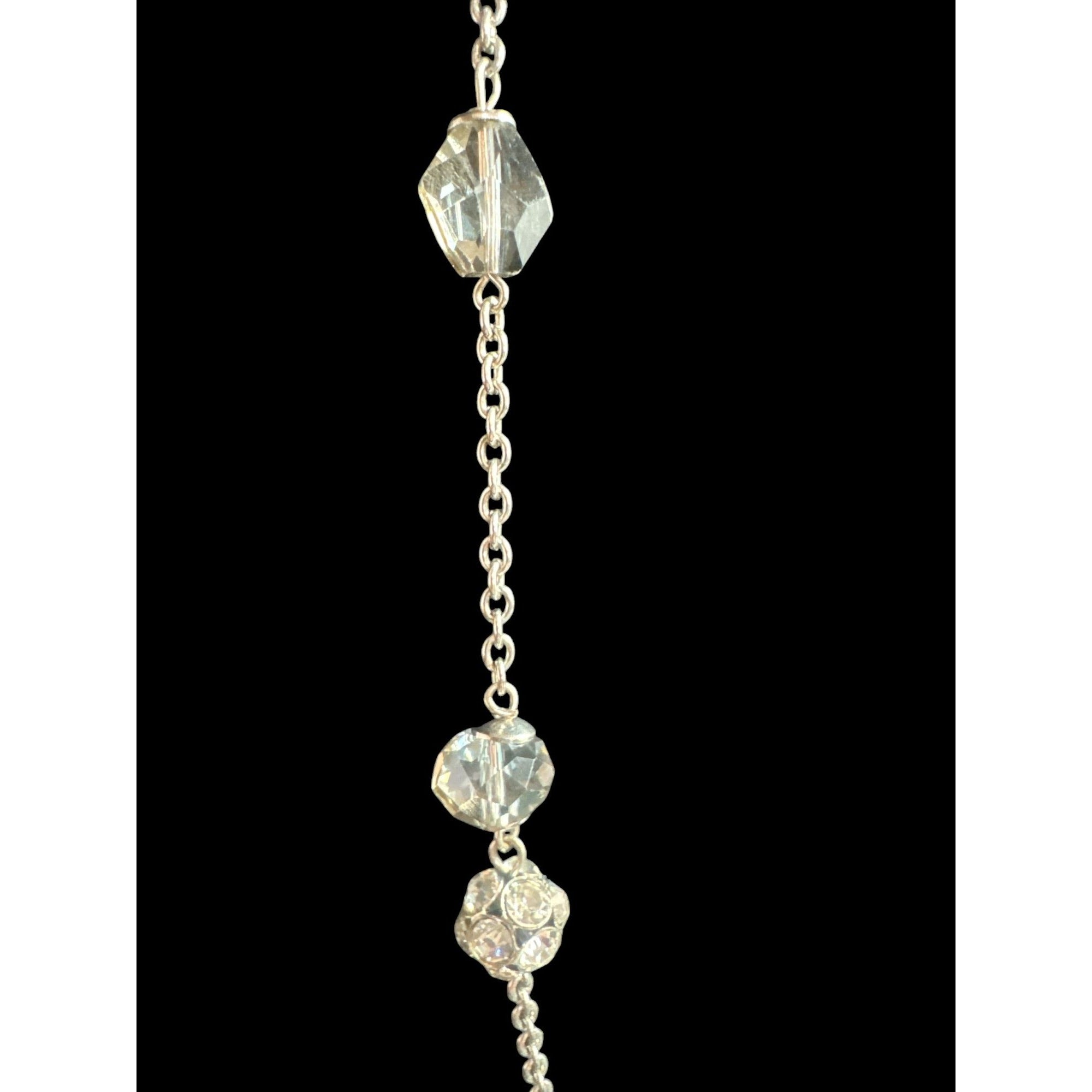 Crystal Beaded Silver Chain Necklace With Round & Faceted Glass Accents Lightweight & Elegant Long Style