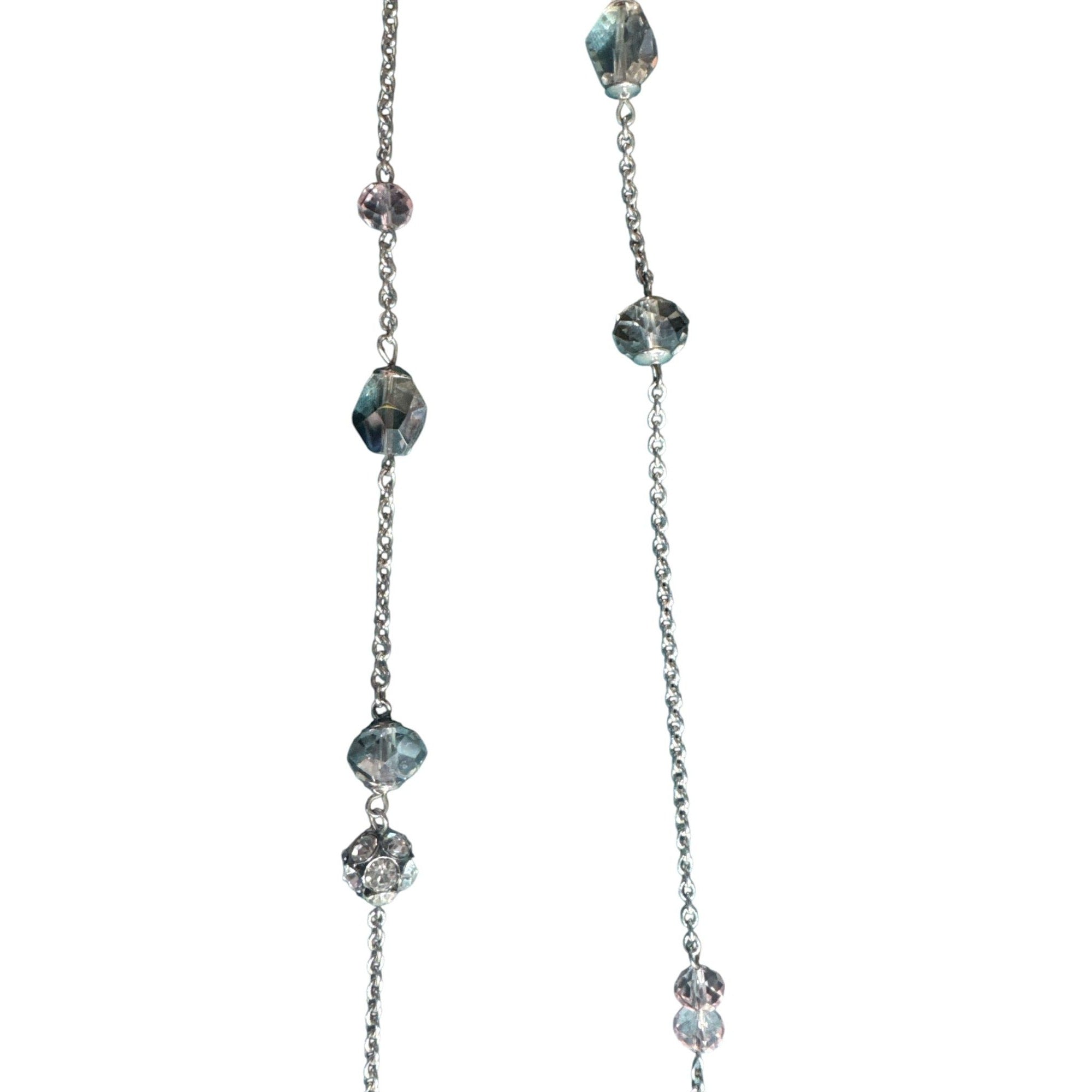Crystal Beaded Silver Chain Necklace With Round & Faceted Glass Accents Lightweight & Elegant Long Style