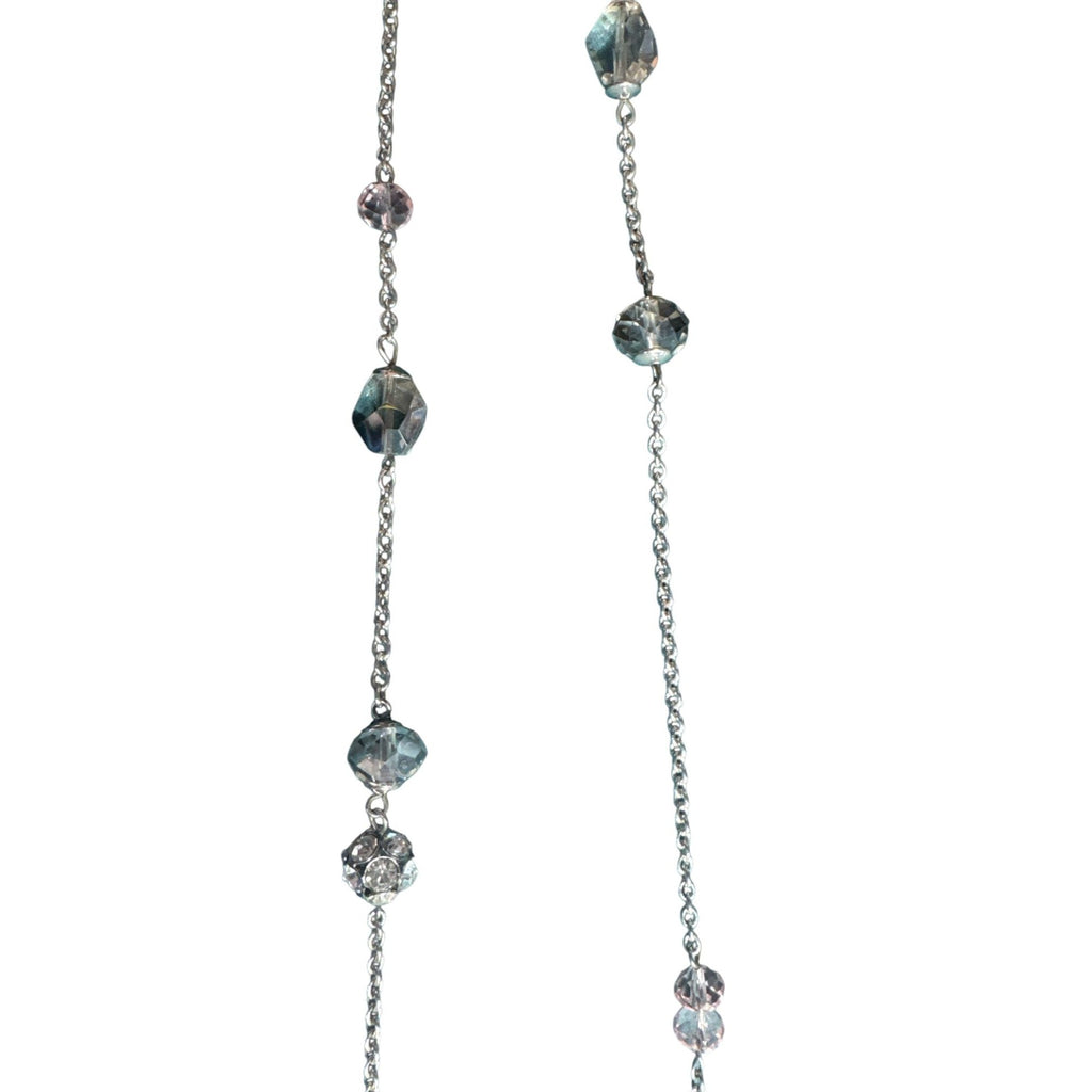 Crystal Beaded Silver Chain Necklace With Round & Faceted Glass Accents Lightweight & Elegant Long Style