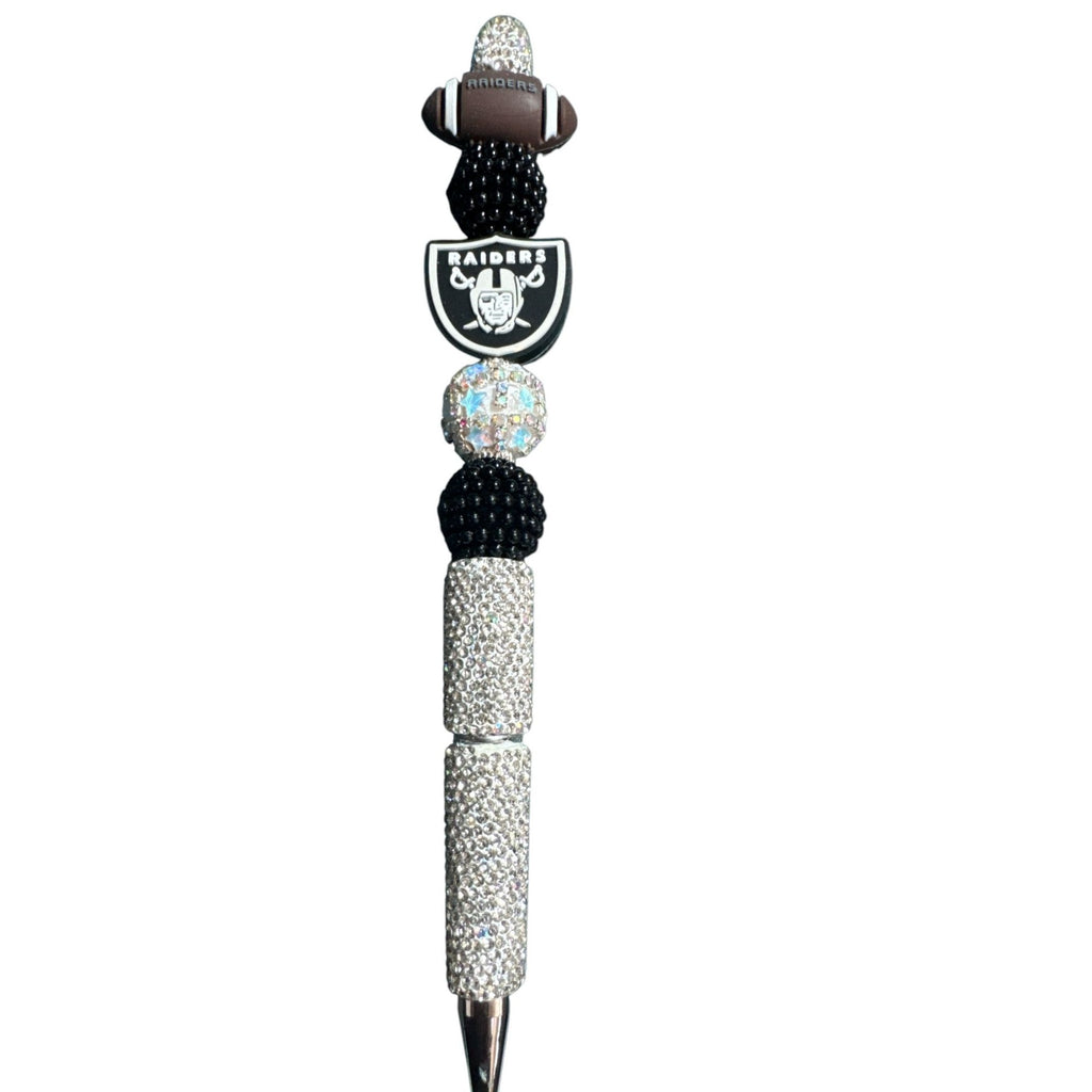 NFL Raiders-Themed Rhinestone Pen With Football & Logo Charm - Black & Silver Design