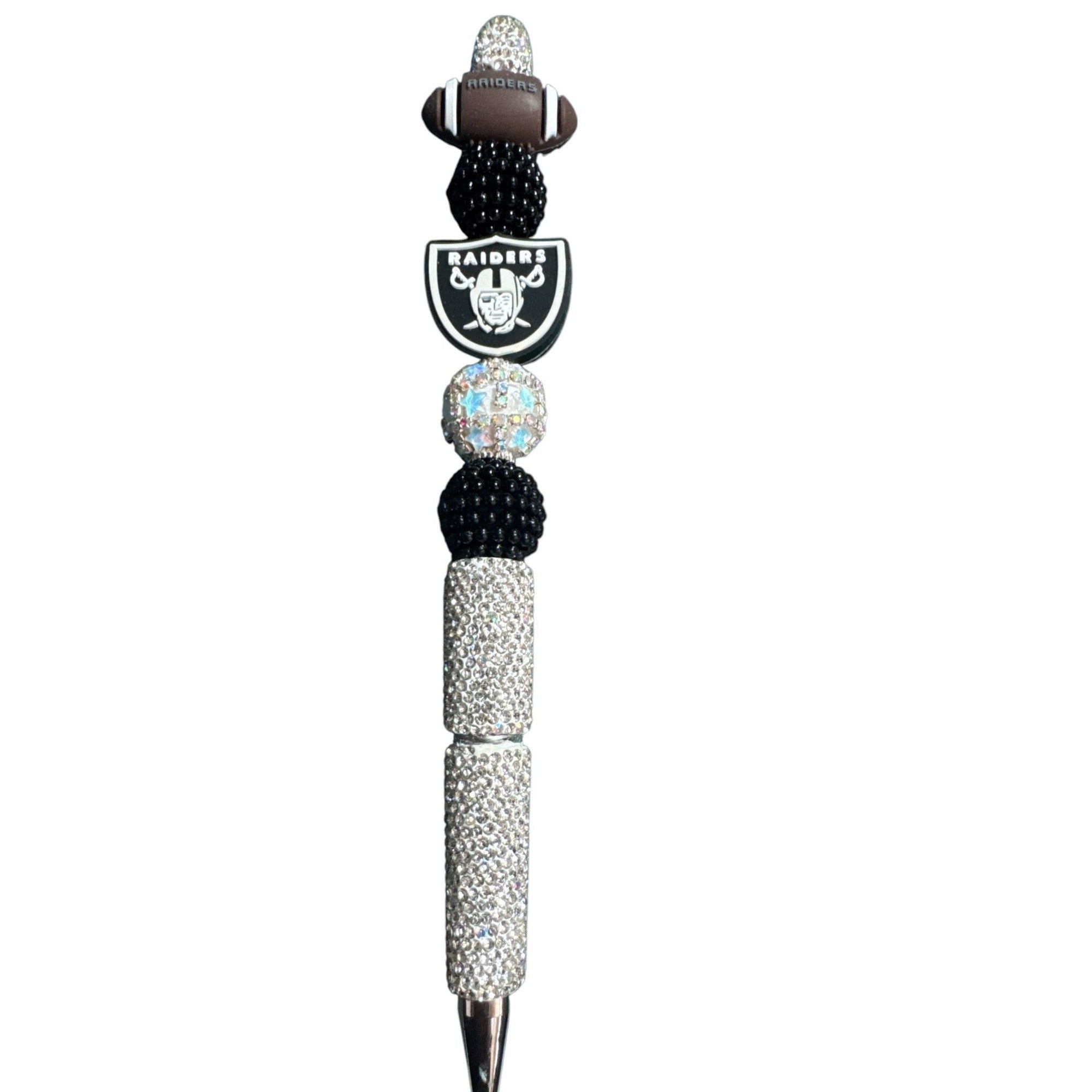 NFL Raiders-Themed Rhinestone Pen With Football & Logo Charm - Black & Silver Design