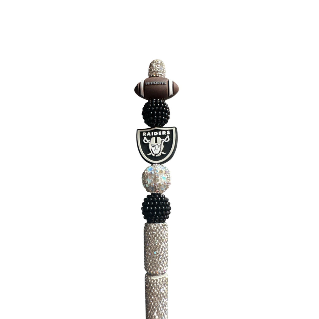 NFL Raiders-Themed Rhinestone Pen With Football & Logo Charm - Black & Silver Design
