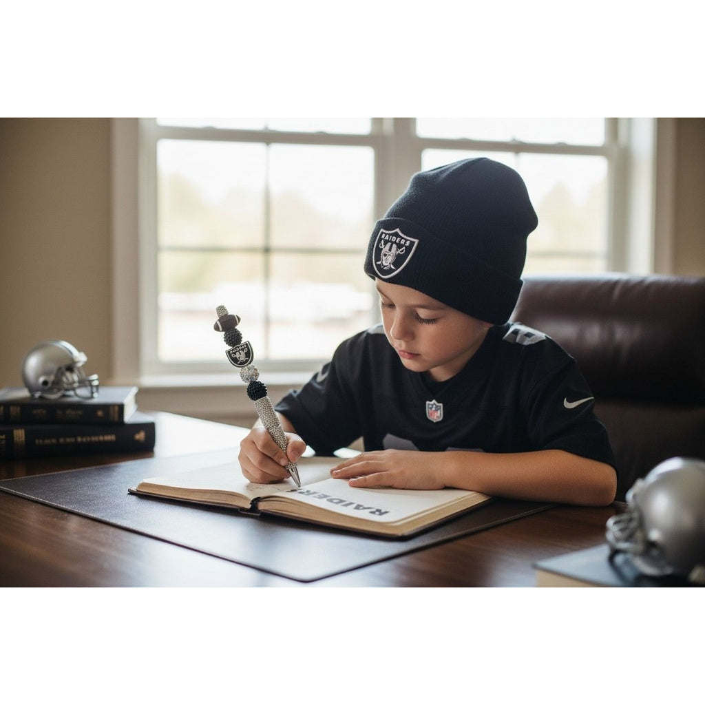 NFL Raiders-Themed Rhinestone Pen With Football & Logo Charm - Black & Silver Design