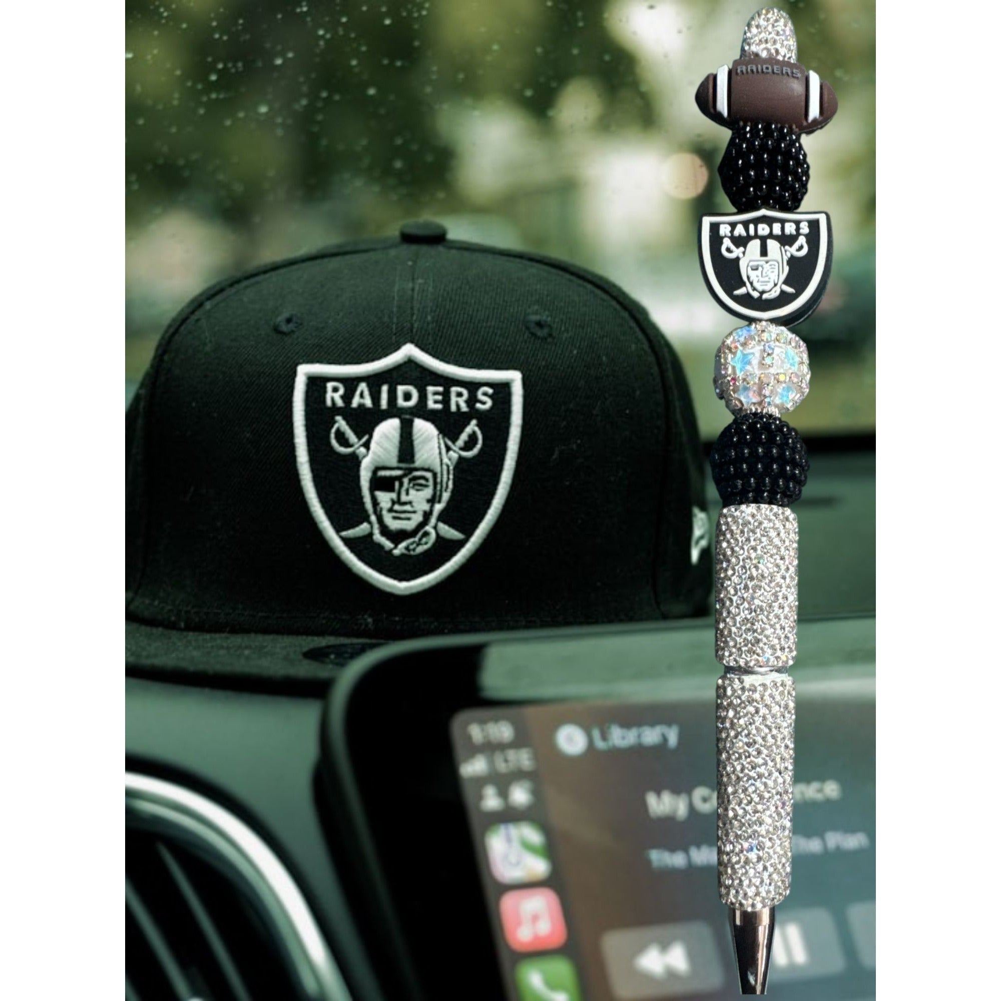 NFL Raiders-Themed Rhinestone Pen With Football & Logo Charm - Black & Silver Design